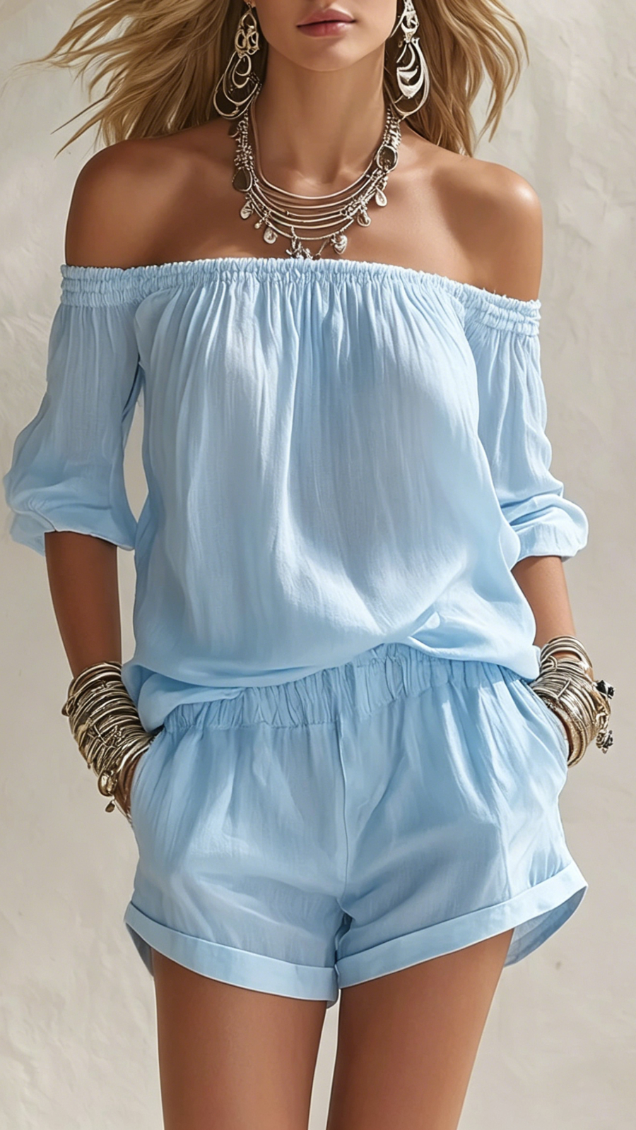 Off Shoulder Short Sleeve Two-Piece Vacation Set
