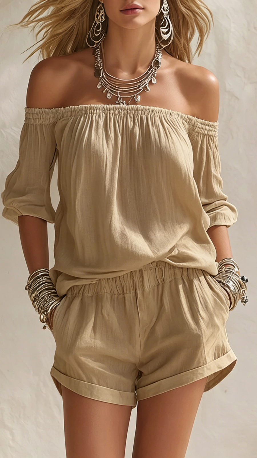 Off Shoulder Short Sleeve Two-Piece Vacation Set