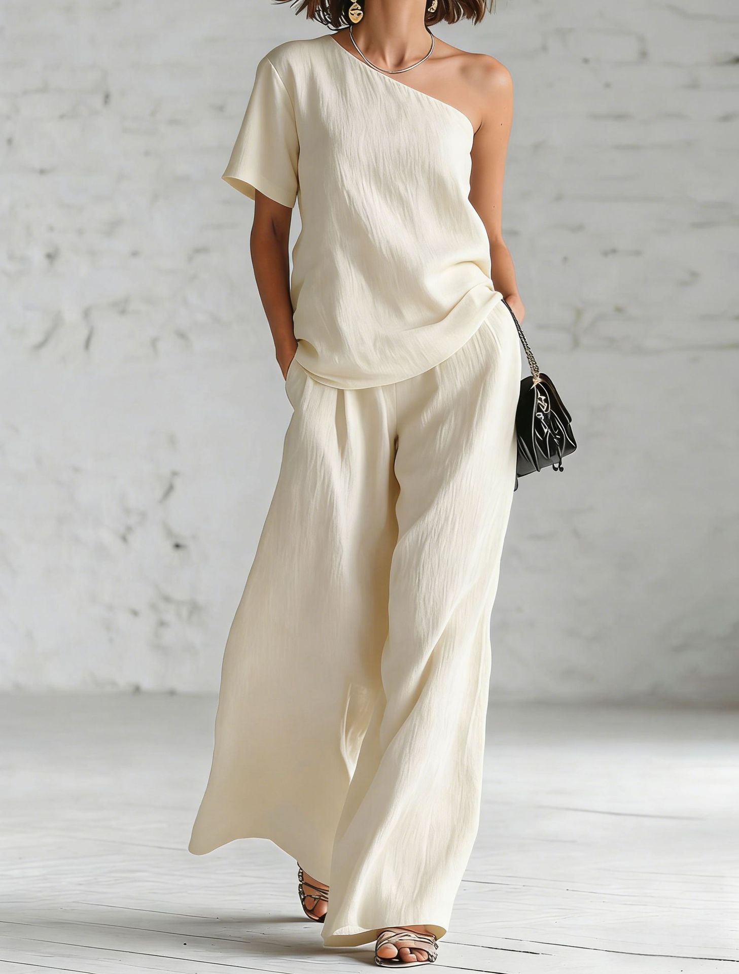 Asymmetric Off-Shoulder Linen-Blend Two-Piece Set