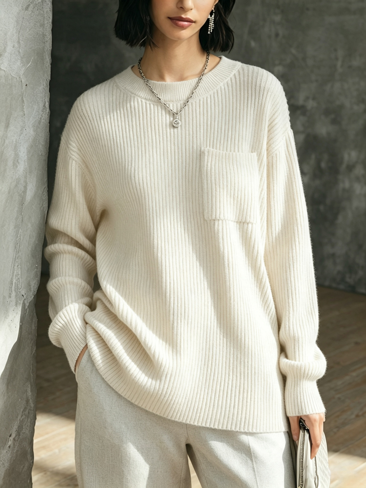 Women Ribbed Knit Crewneck Sweater