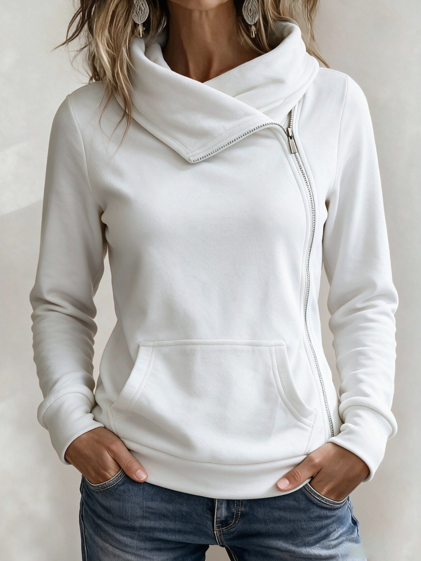 Women’s Asymmetrical Zip-Up Hoodie – Cozy Funnel Neck Pullover