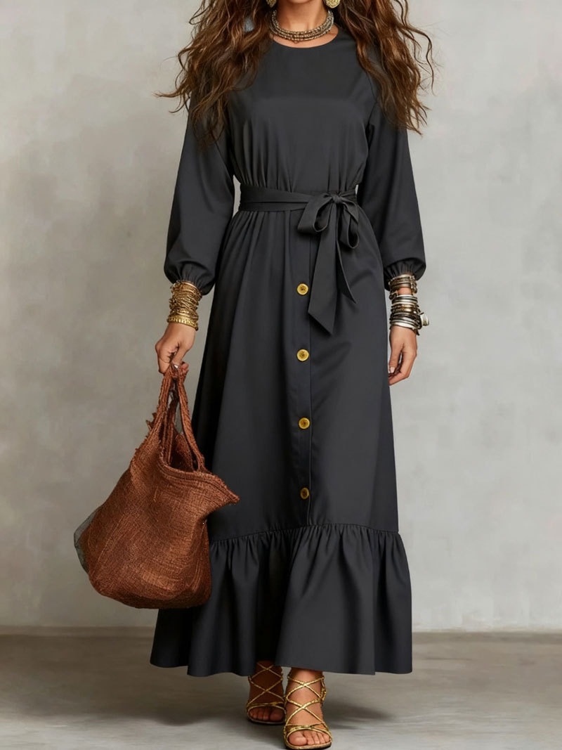 Women’s Long Sleeve Tie-Waist Maxi Dress – Button Front Ruffle Dress