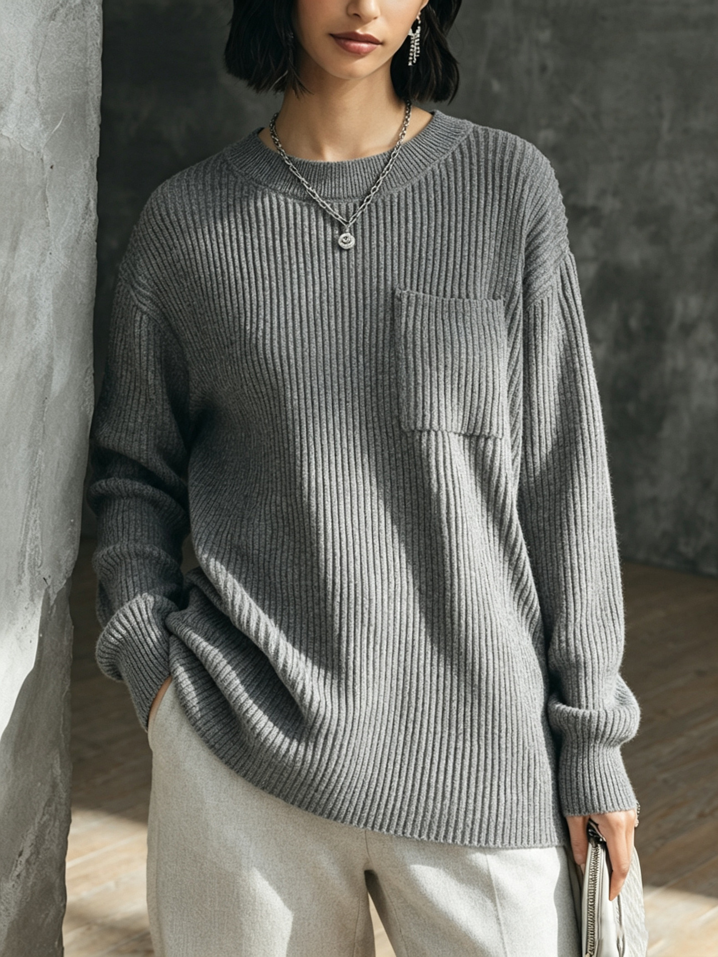 Women Ribbed Knit Crewneck Sweater