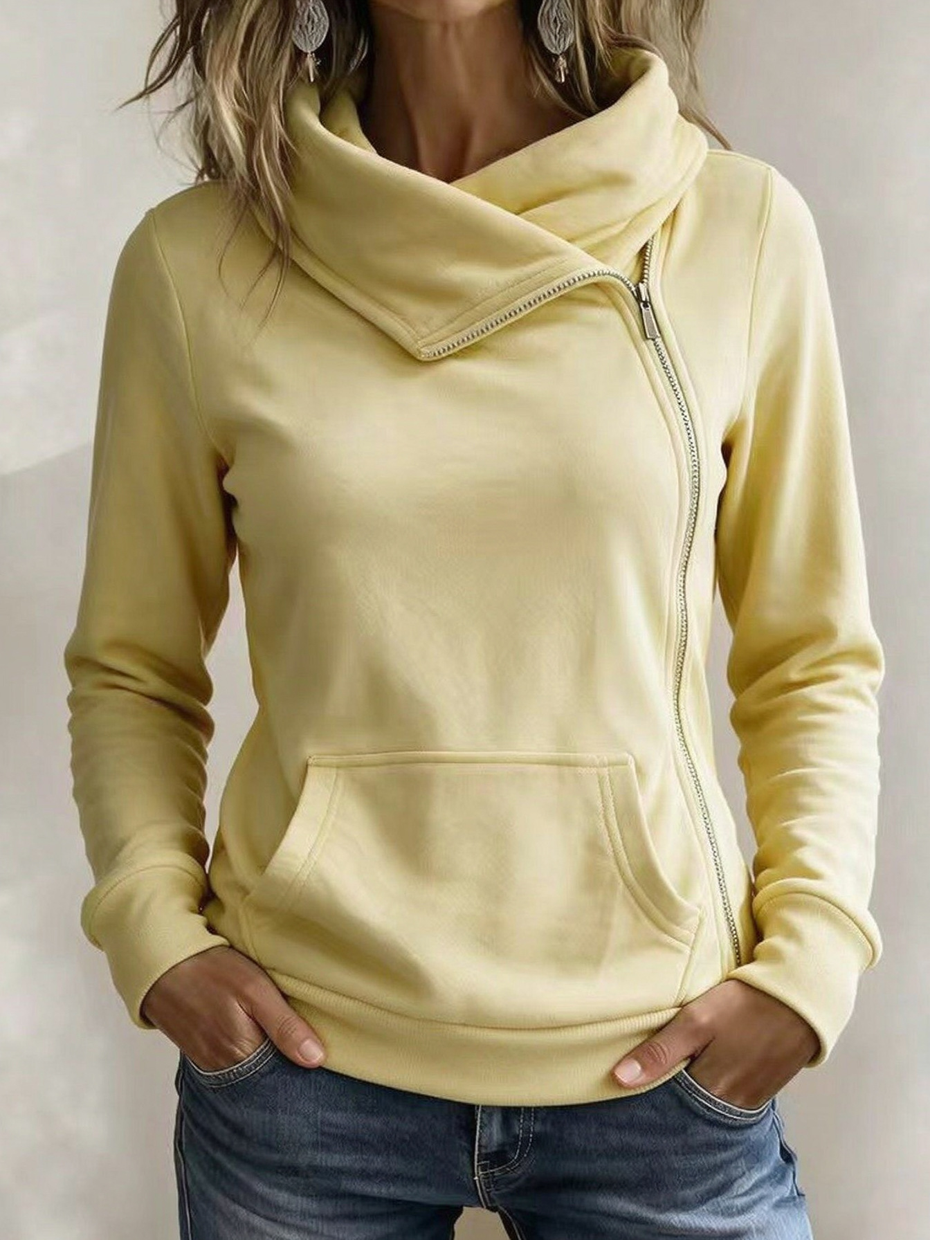 Women’s Asymmetrical Zip-Up Hoodie – Cozy Funnel Neck Pullover