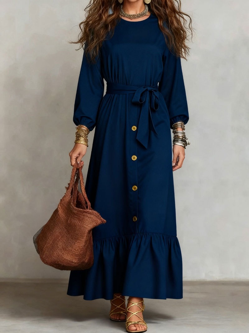Women’s Long Sleeve Tie-Waist Maxi Dress – Button Front Ruffle Dress