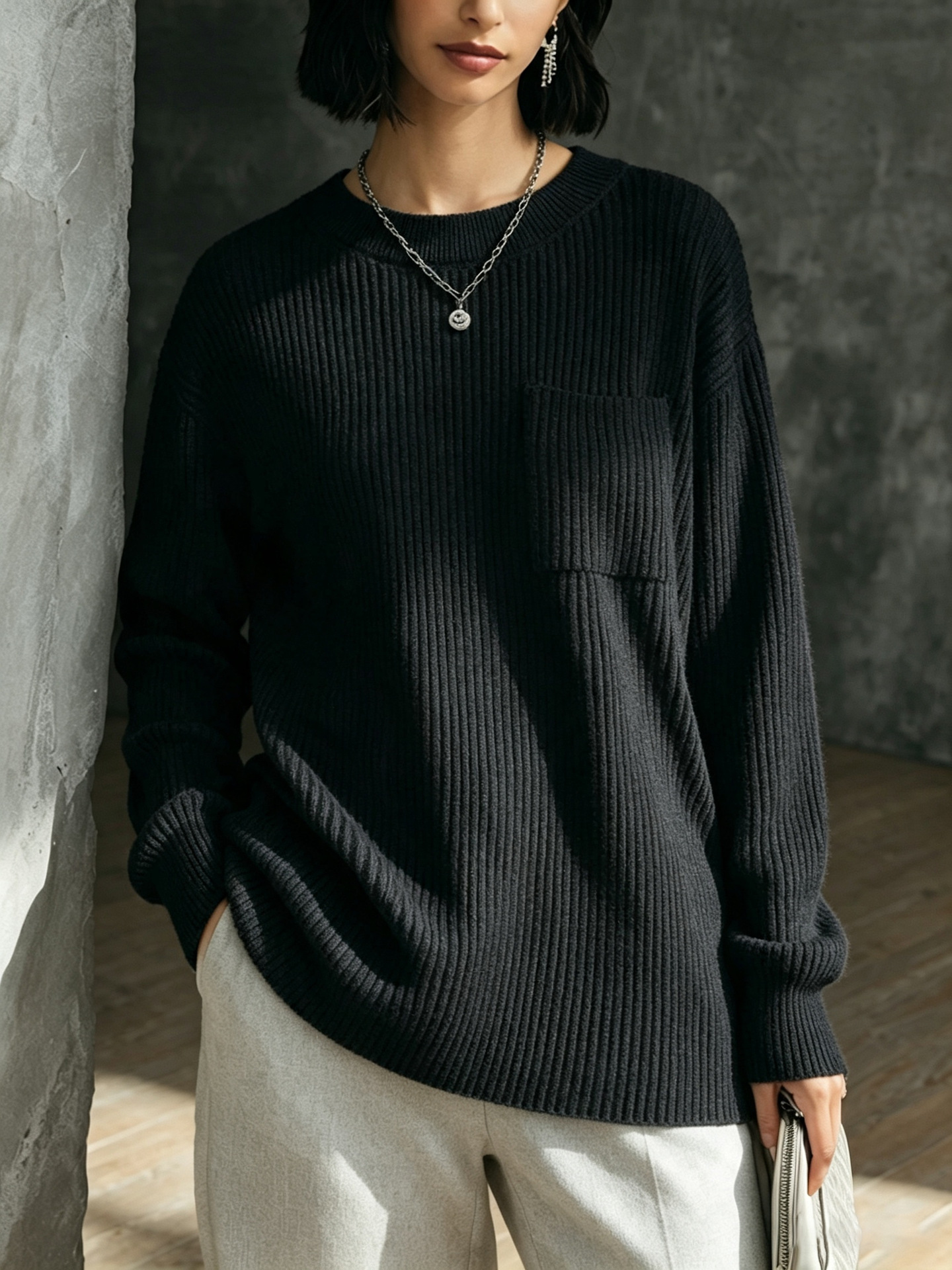 Women Ribbed Knit Crewneck Sweater