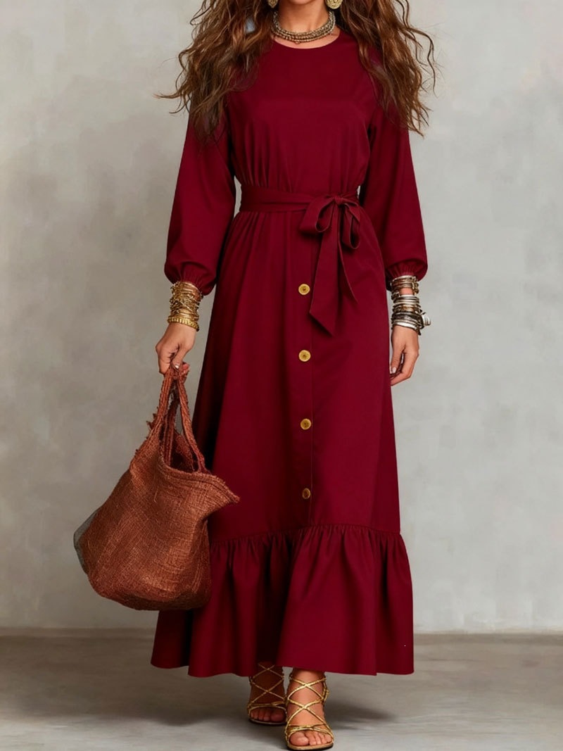 Women’s Long Sleeve Tie-Waist Maxi Dress – Button Front Ruffle Dress