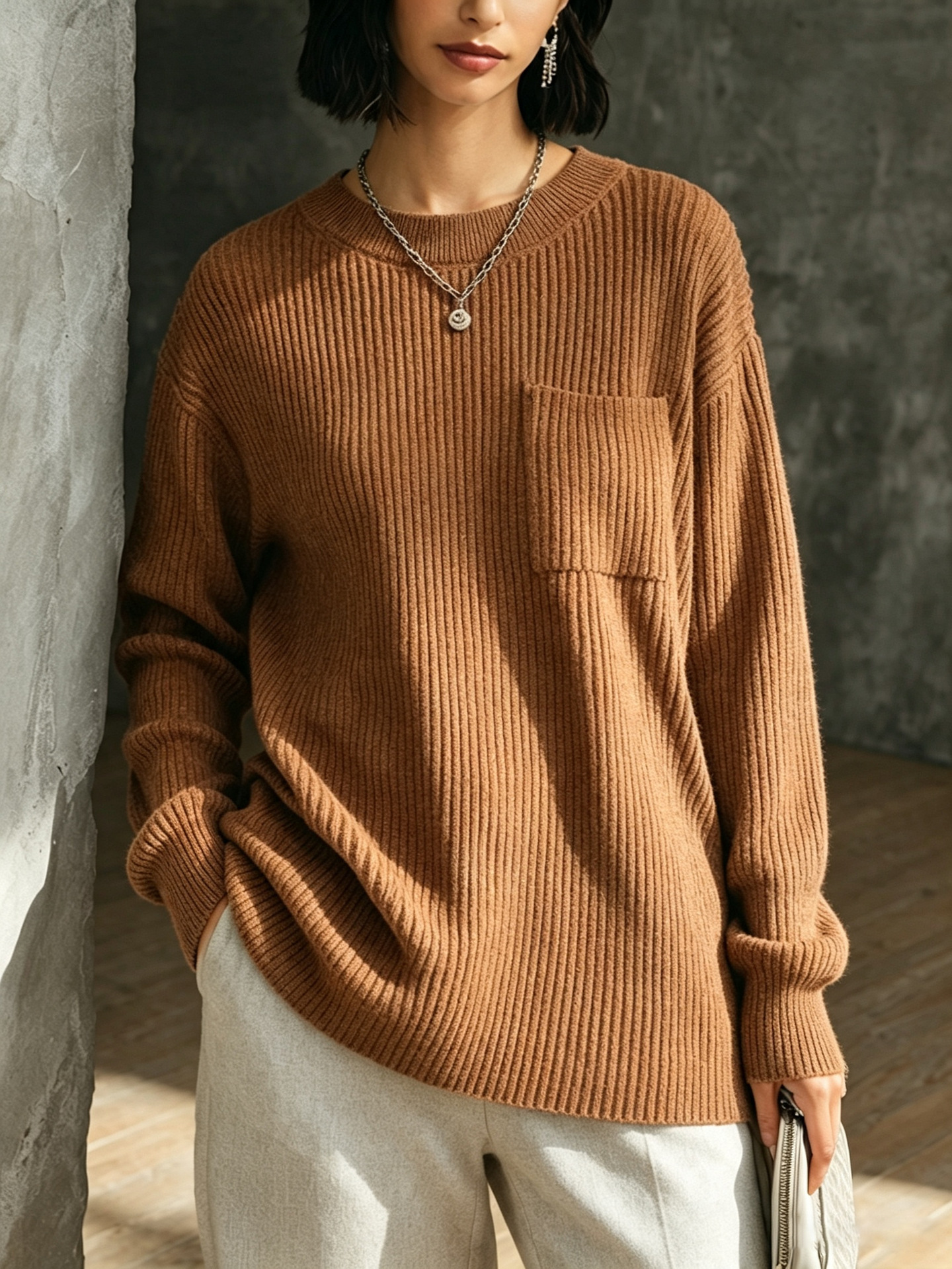 Women Ribbed Knit Crewneck Sweater