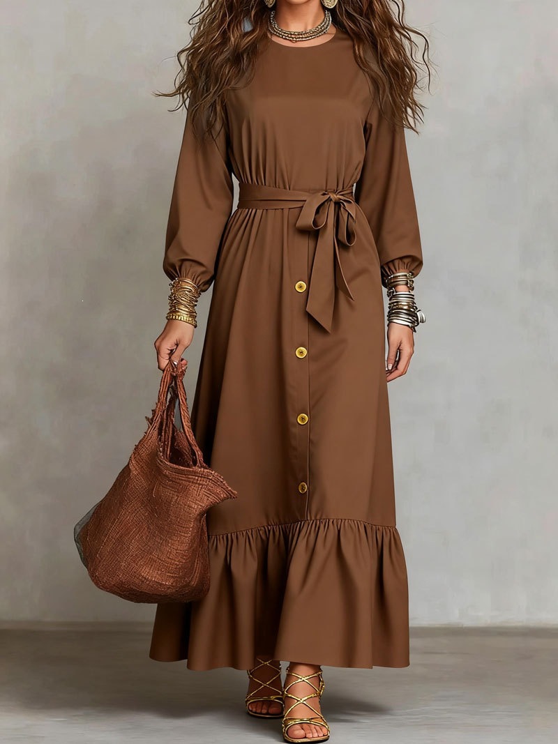 Women’s Long Sleeve Tie-Waist Maxi Dress – Button Front Ruffle Dress