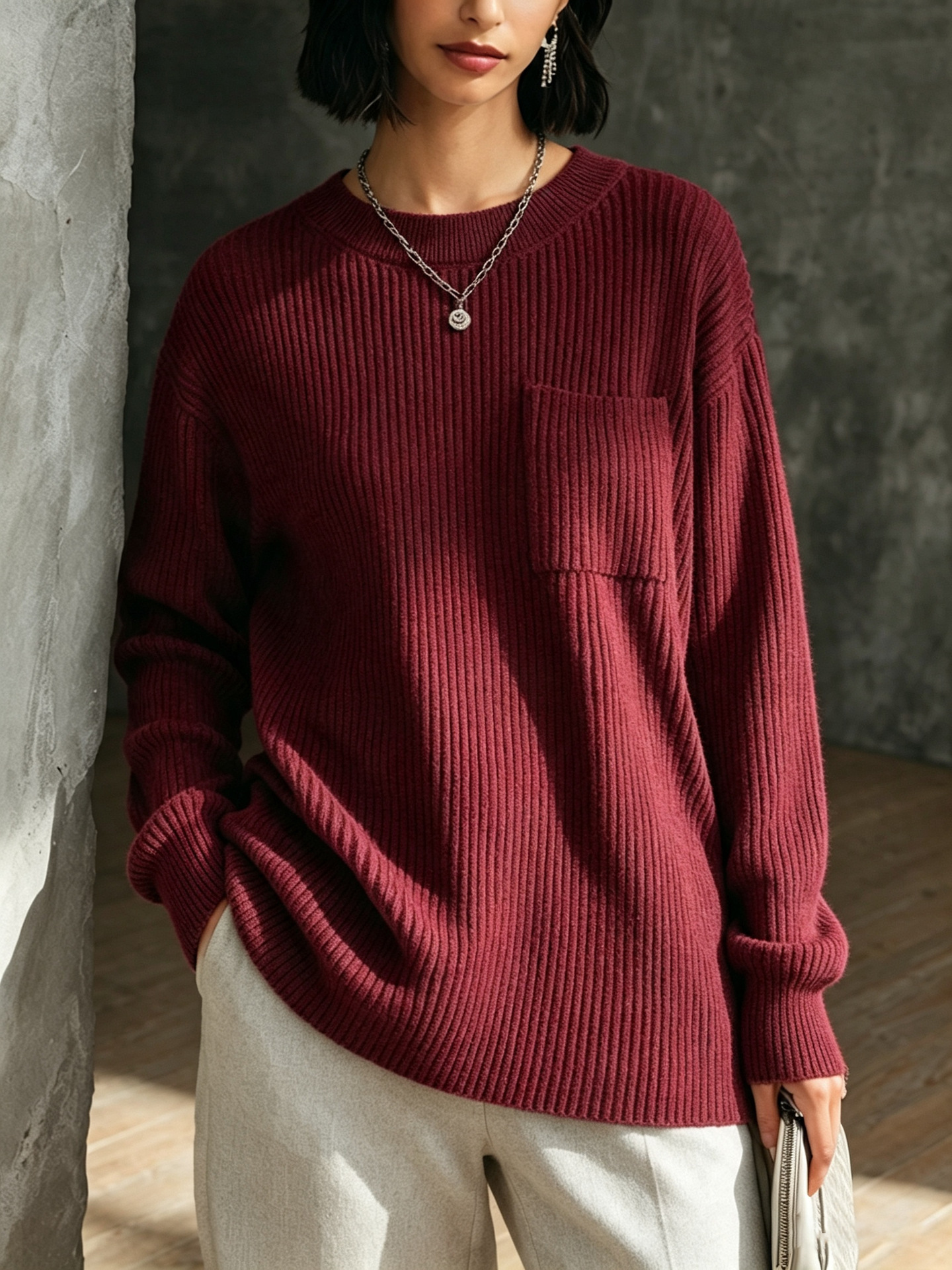 Women Ribbed Knit Crewneck Sweater