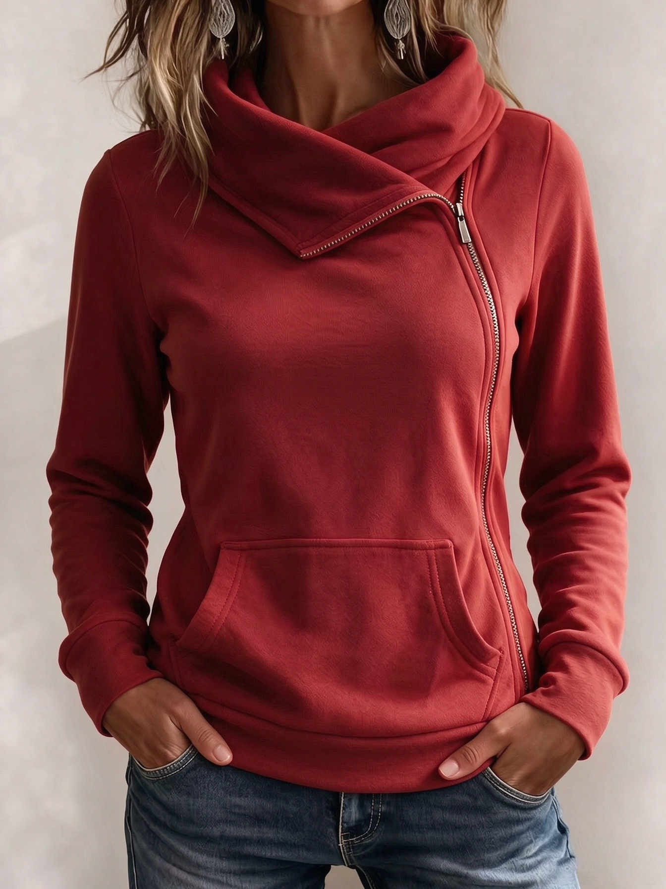 Women’s Asymmetrical Zip-Up Hoodie – Cozy Funnel Neck Pullover