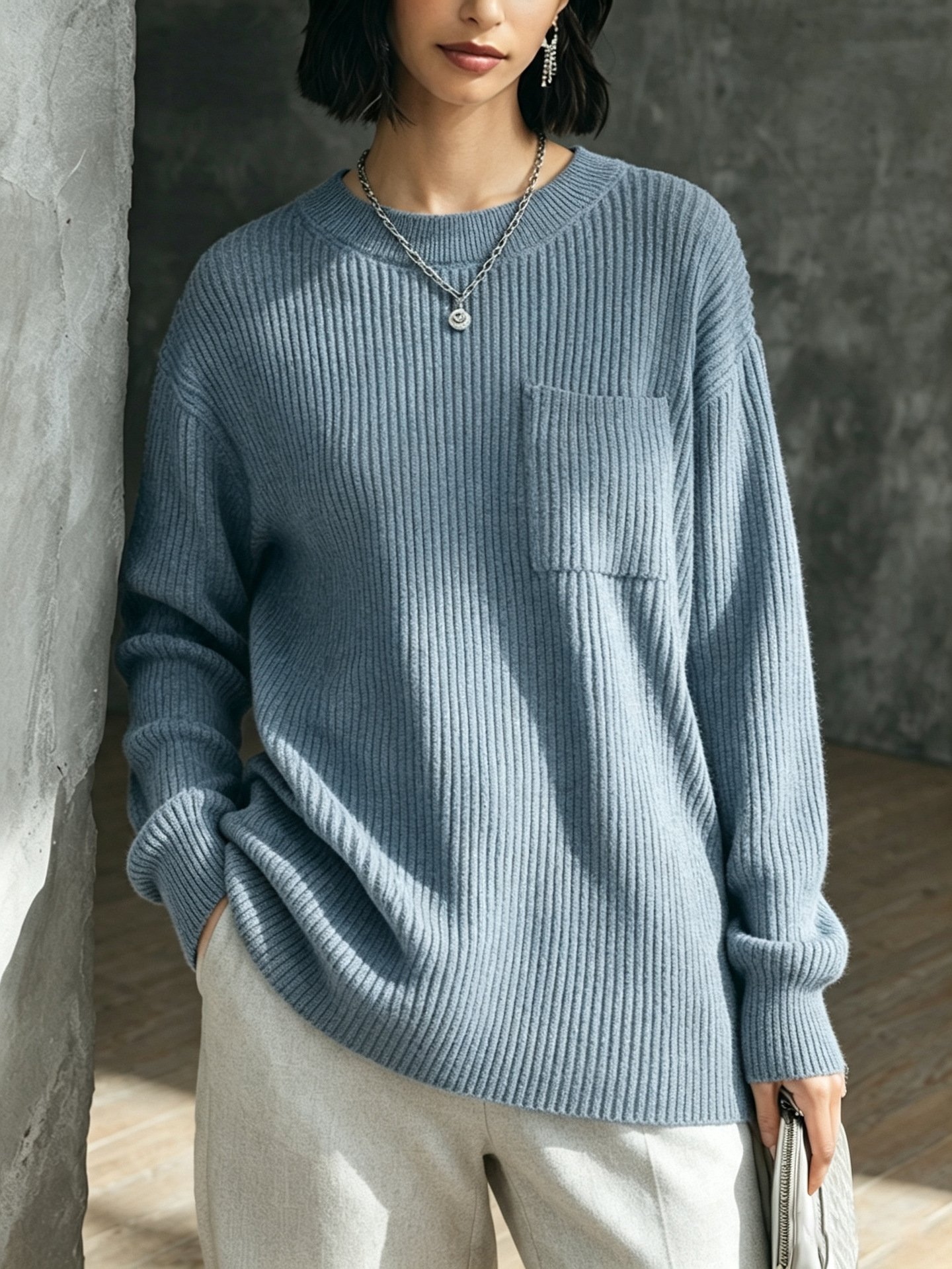 Women Ribbed Knit Crewneck Sweater