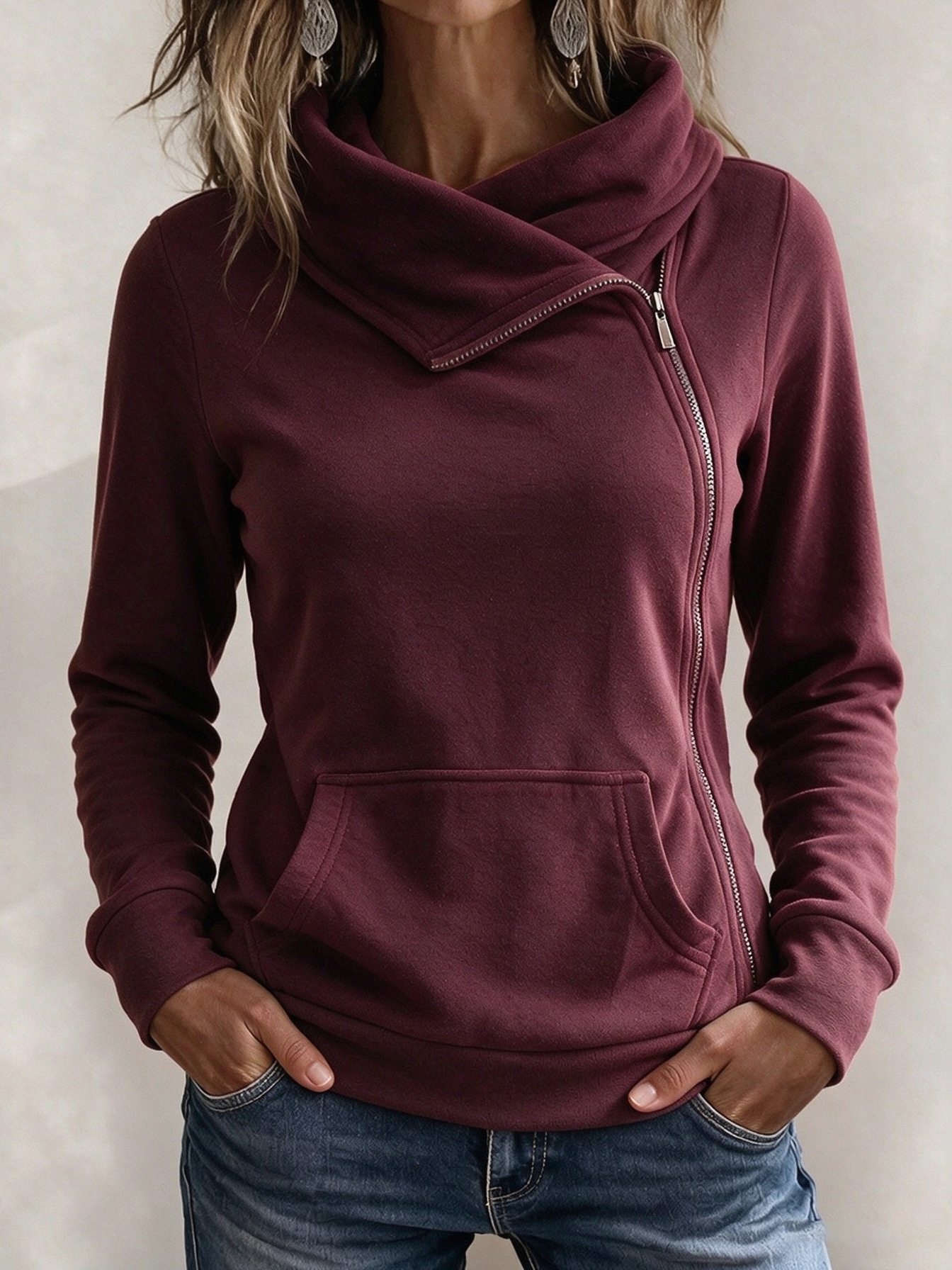 Women’s Asymmetrical Zip-Up Hoodie – Cozy Funnel Neck Pullover