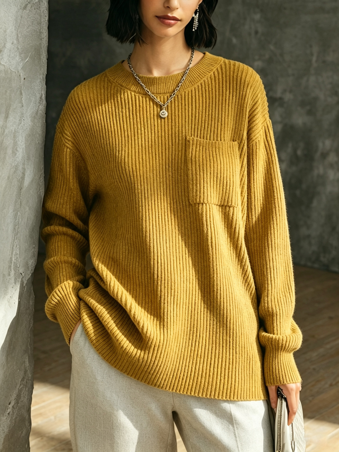Women Ribbed Knit Crewneck Sweater