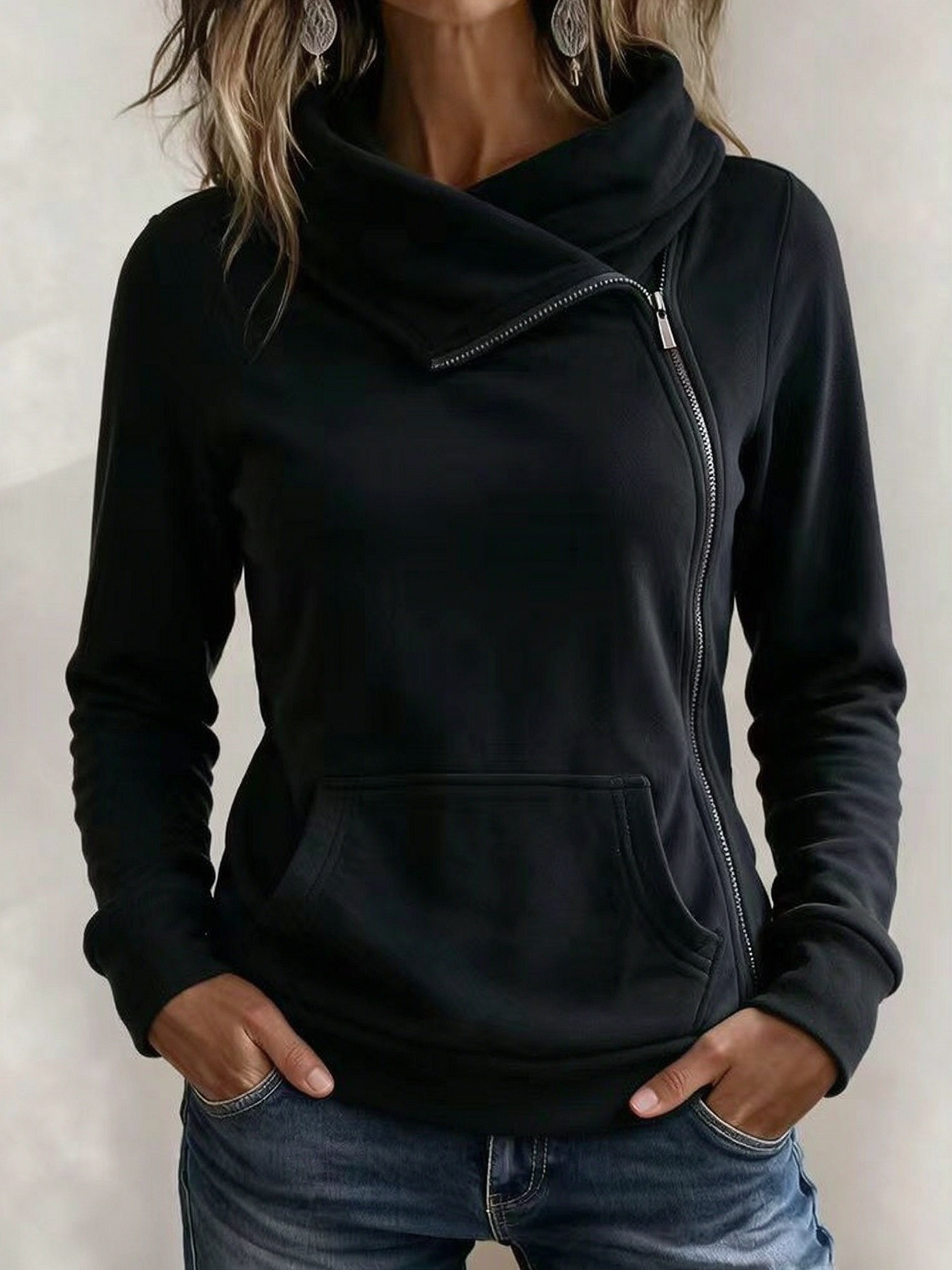 Women’s Asymmetrical Zip-Up Hoodie – Cozy Funnel Neck Pullover