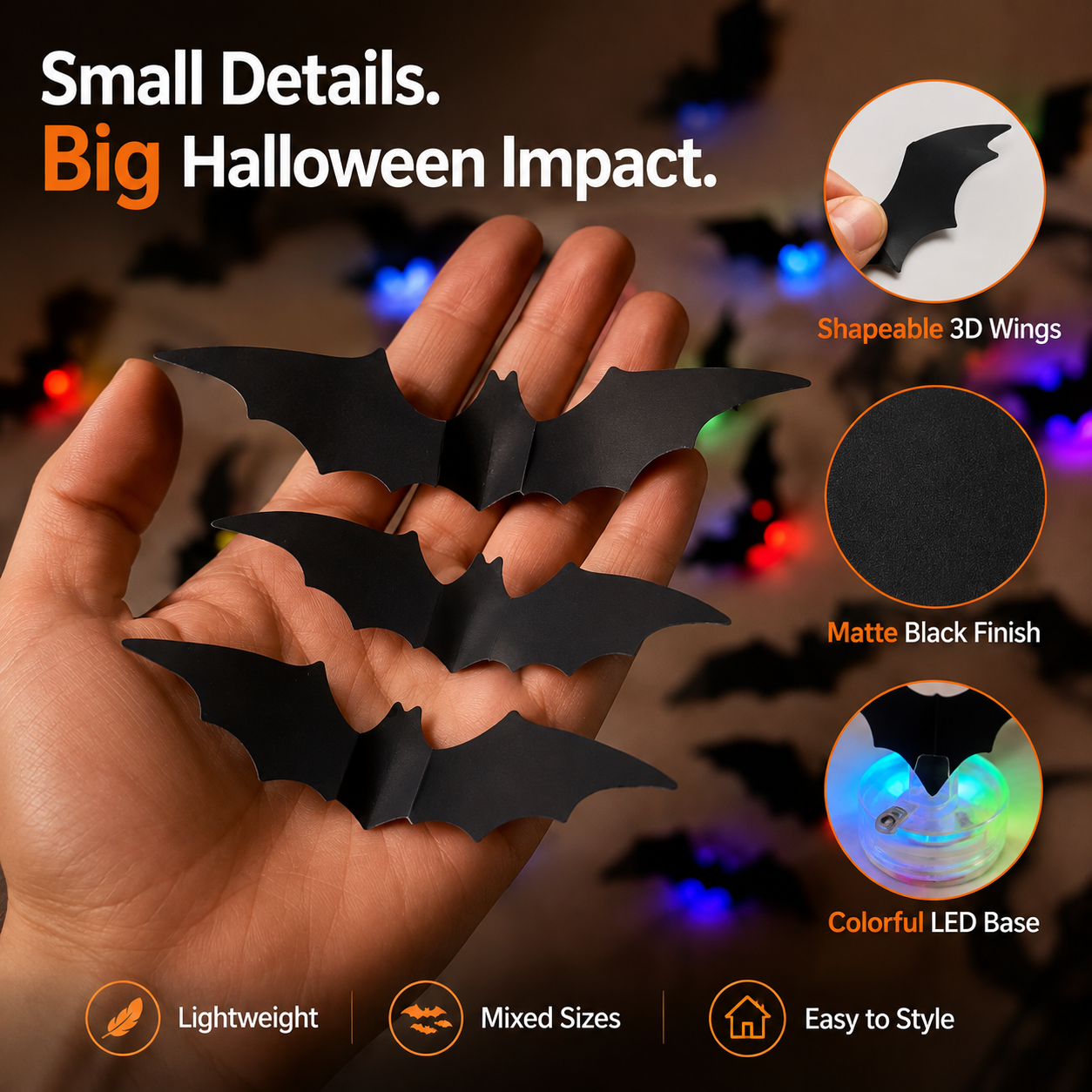 Close-up matte black Halloween bat wall decor and LED base