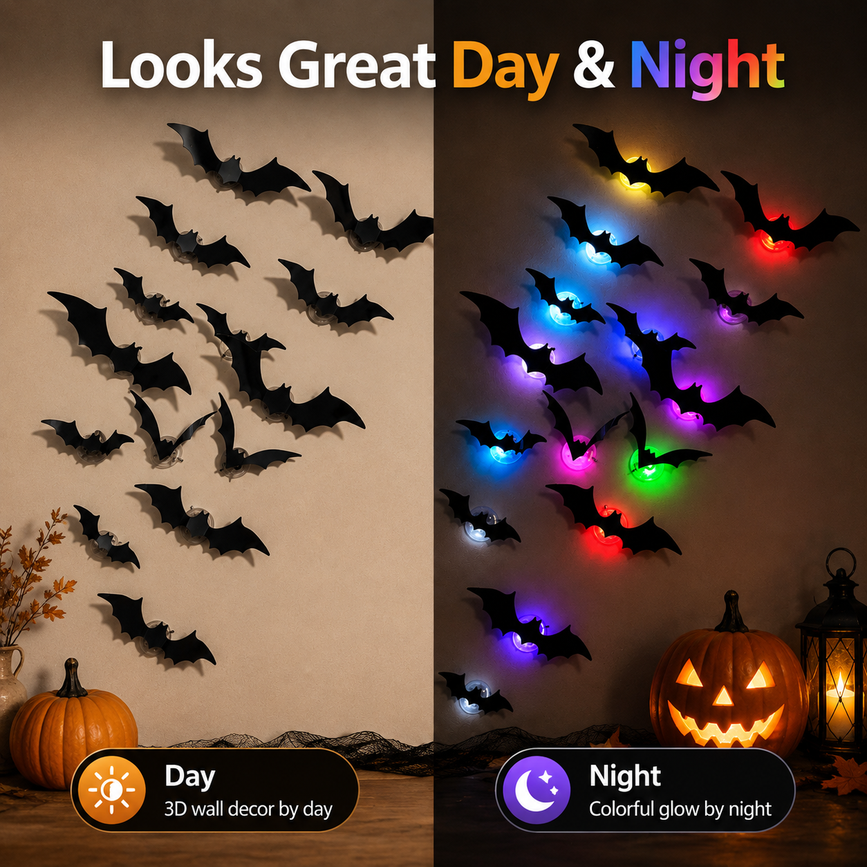 Halloween bat wall decor day and colorful LED night comparison