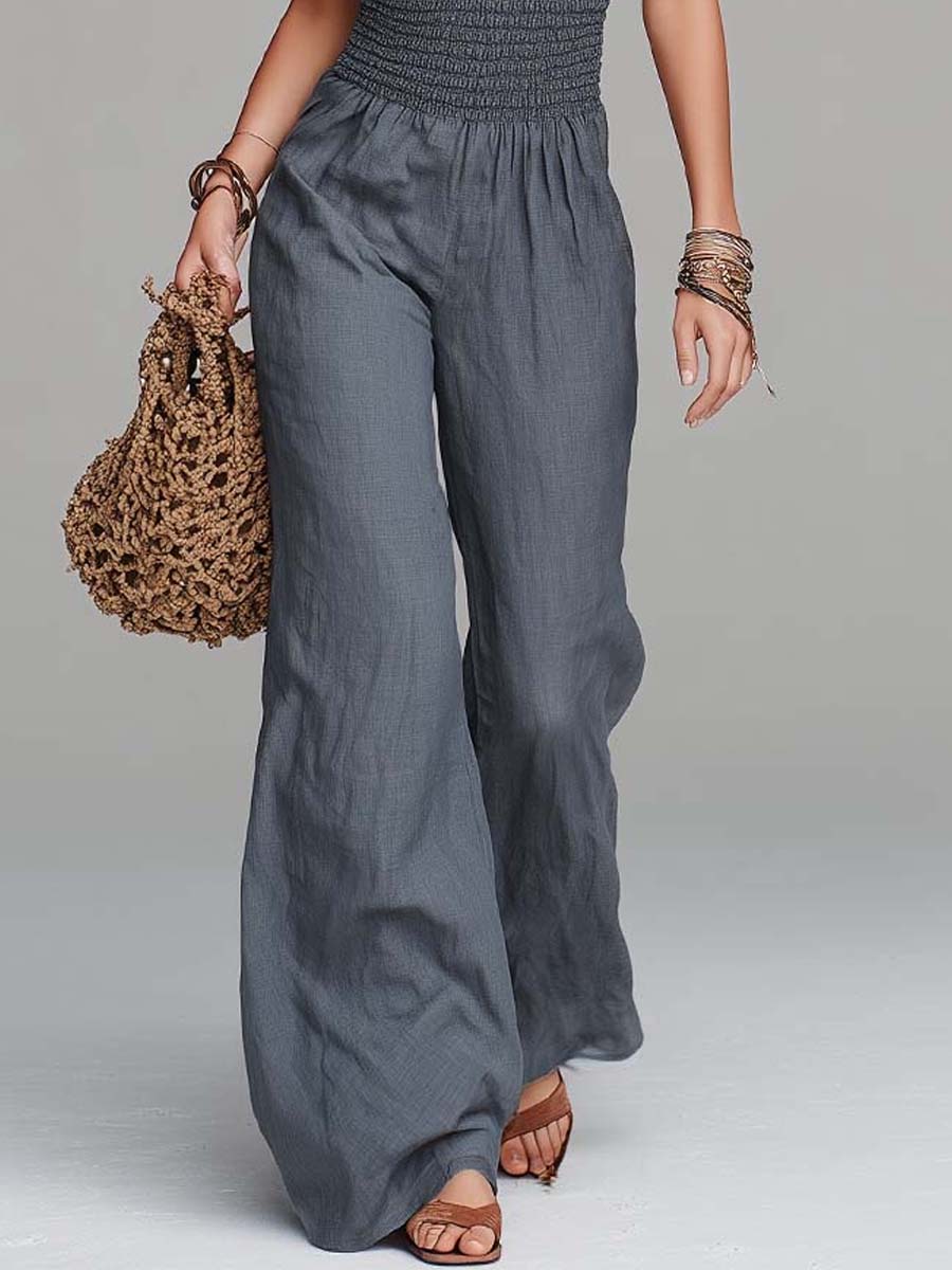 Slate Blue Tencel-Linen Blend Halter Smocked-Waist Wide-Leg Jumpsuit [Pre-order]