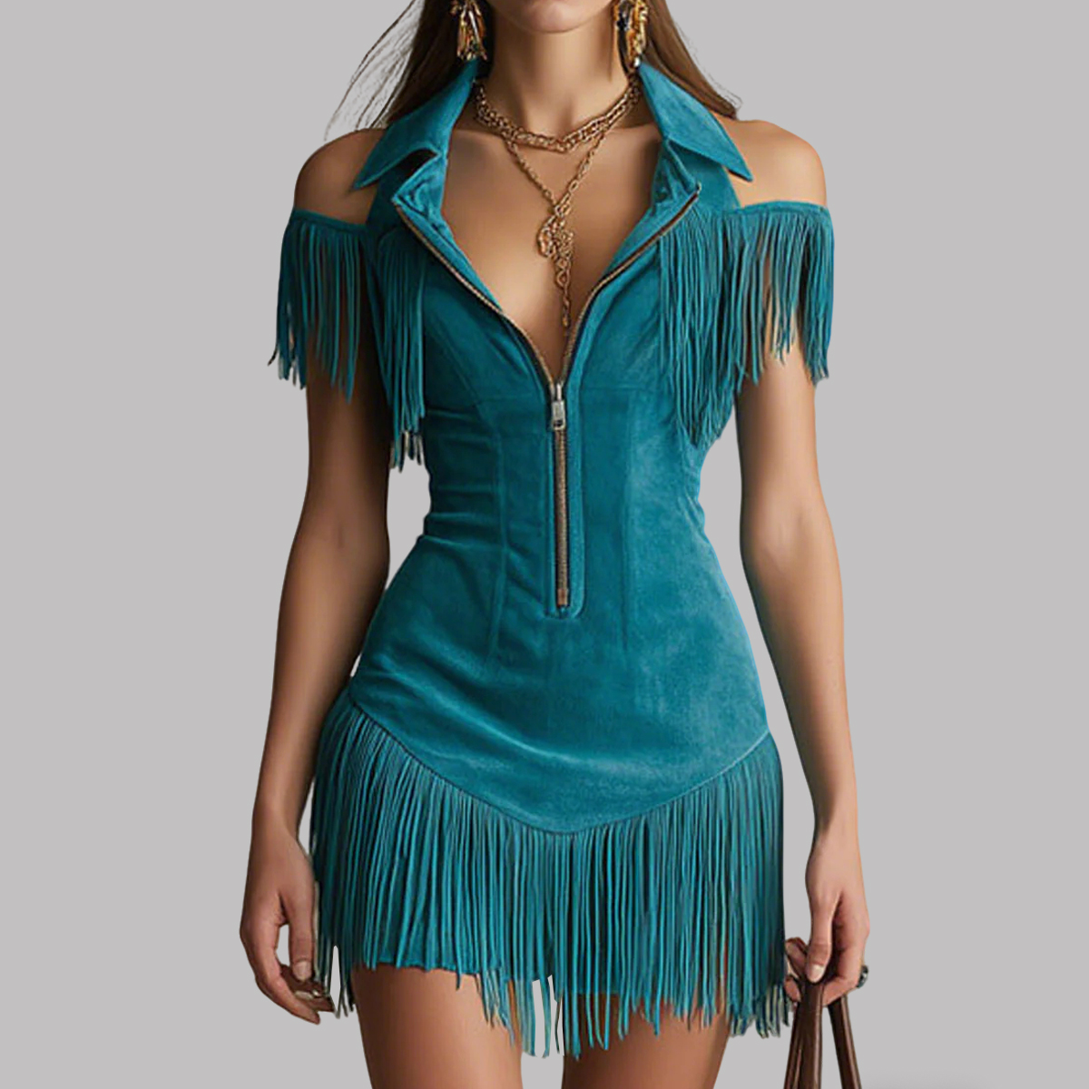 Women's Cold Shoulder Turndown Collar Fringe Trim Zipper Bodycon Mini Dress