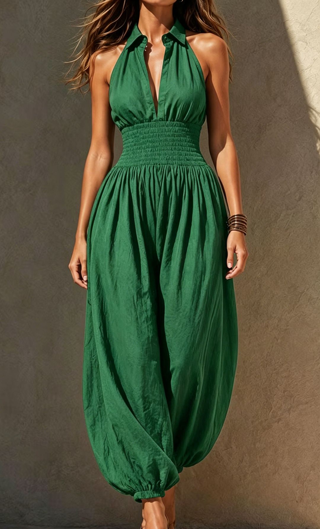 Boho Black Cotton Blend Smocked Waist Halter Balloon-Leg Jumpsuit