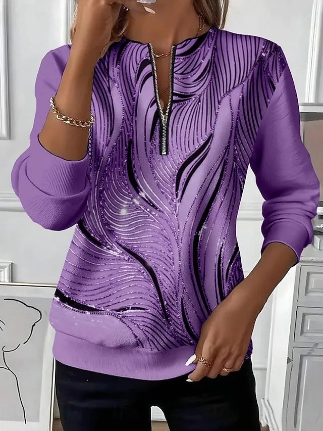 🔥CLEARANCE SALE🔥 ✨Women’s Casual Top Color Block Print Zip V-Neck Long Sleeve Blouse