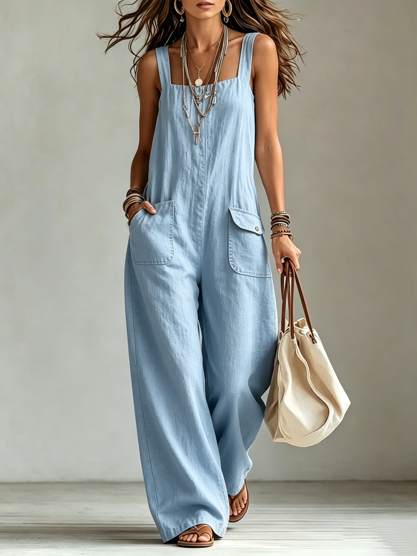 Square Neck Linen-Blend Wide-Leg Jumpsuit