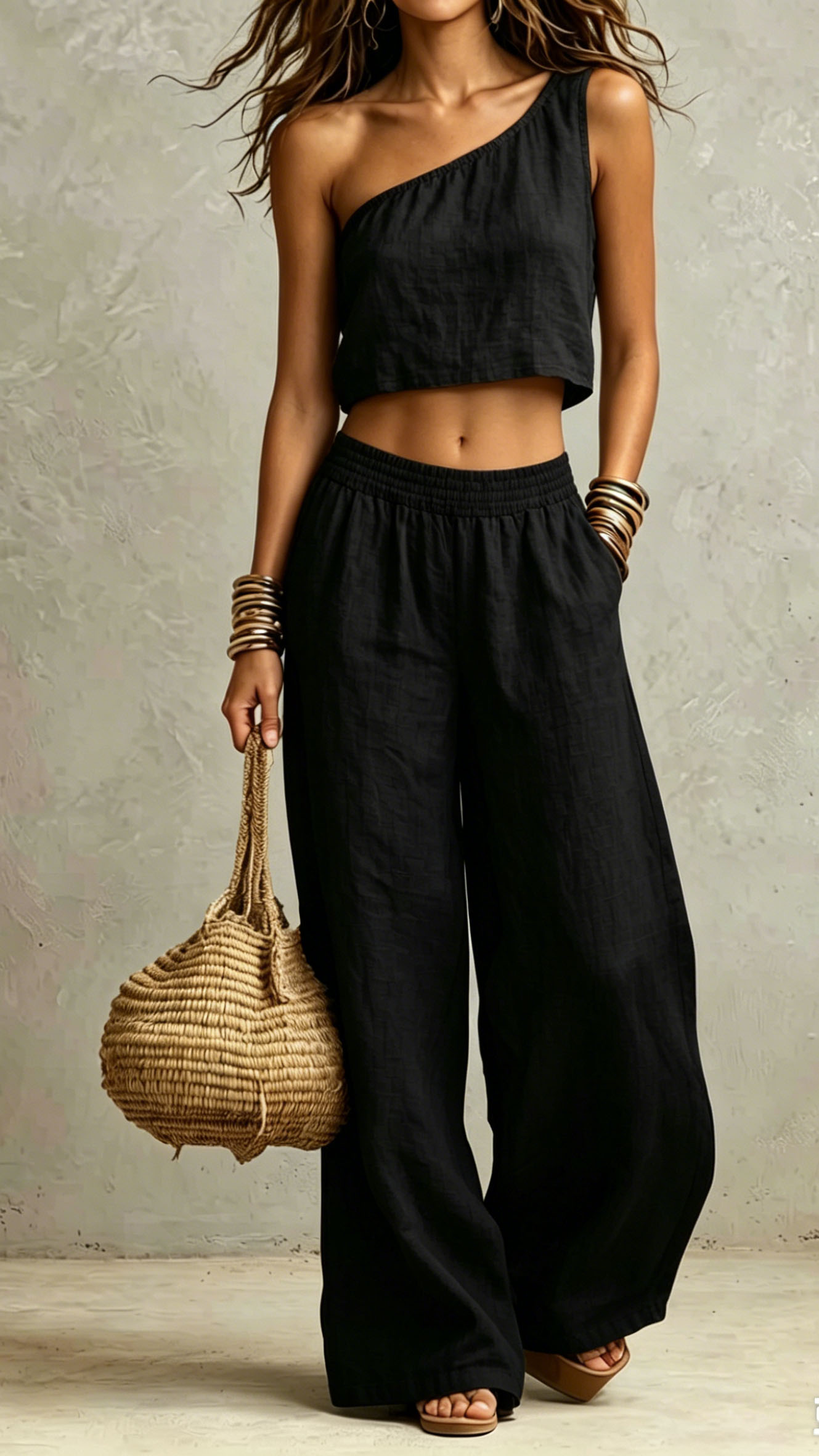 One Shoulder Sleeveless Crop Tank & Elastic High Waist Wide Leg Pocket Pants Two Piece Matching Set