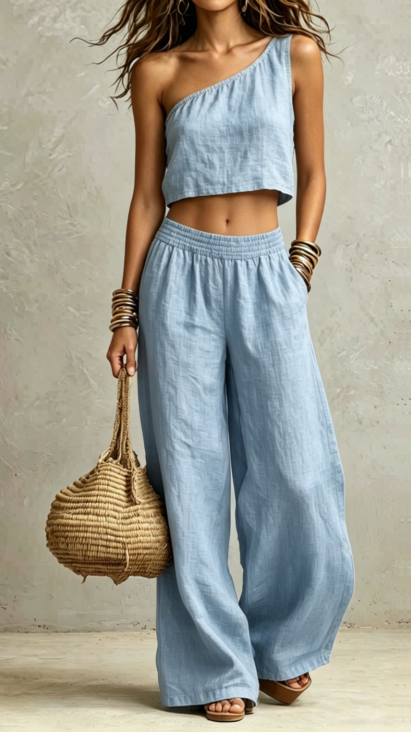 One Shoulder Sleeveless Crop Tank & Elastic High Waist Wide Leg Pocket Pants Two Piece Matching Set