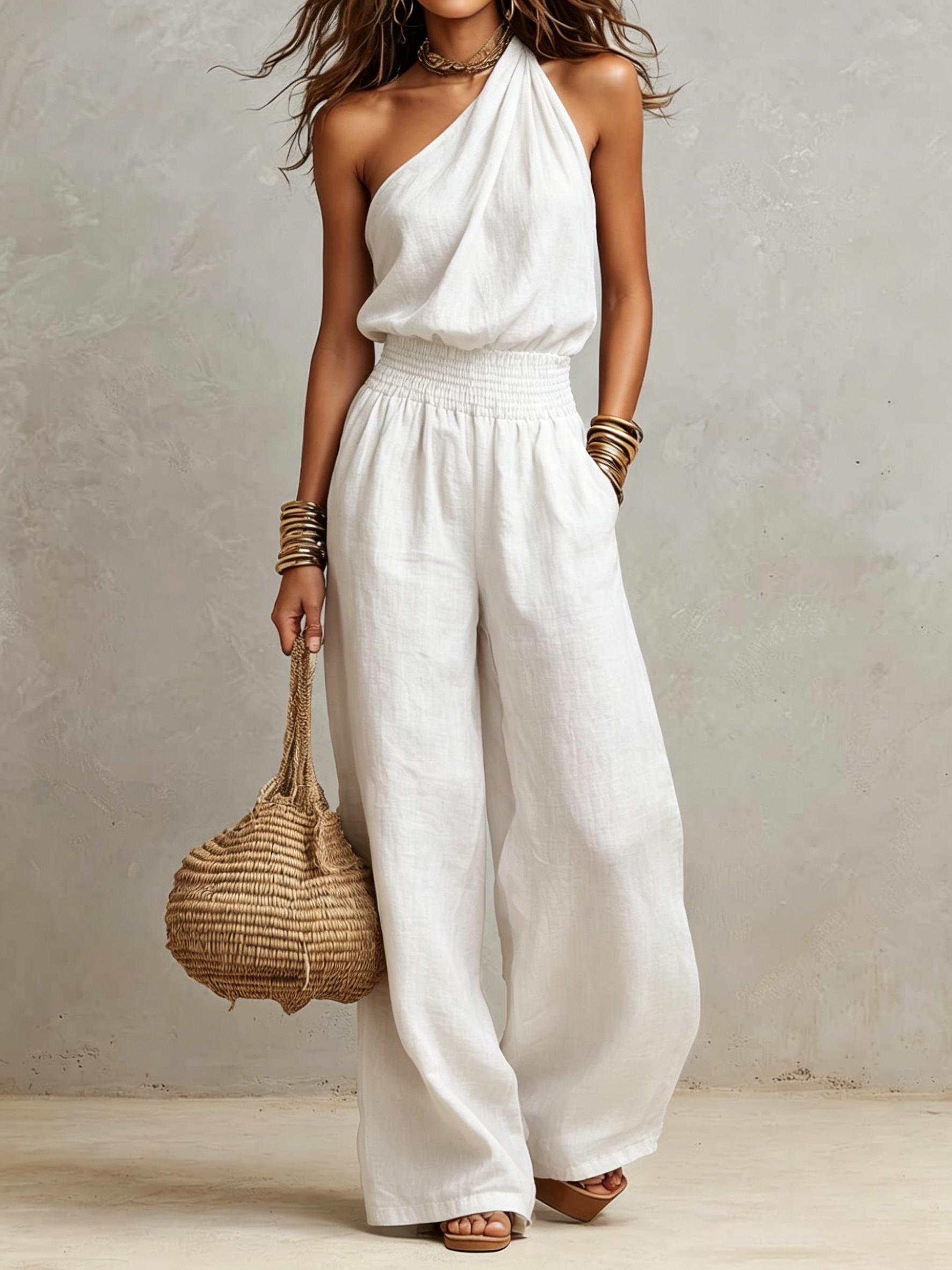 Chic Draped Halter Smocked Waist Wide Leg Jumpsuit