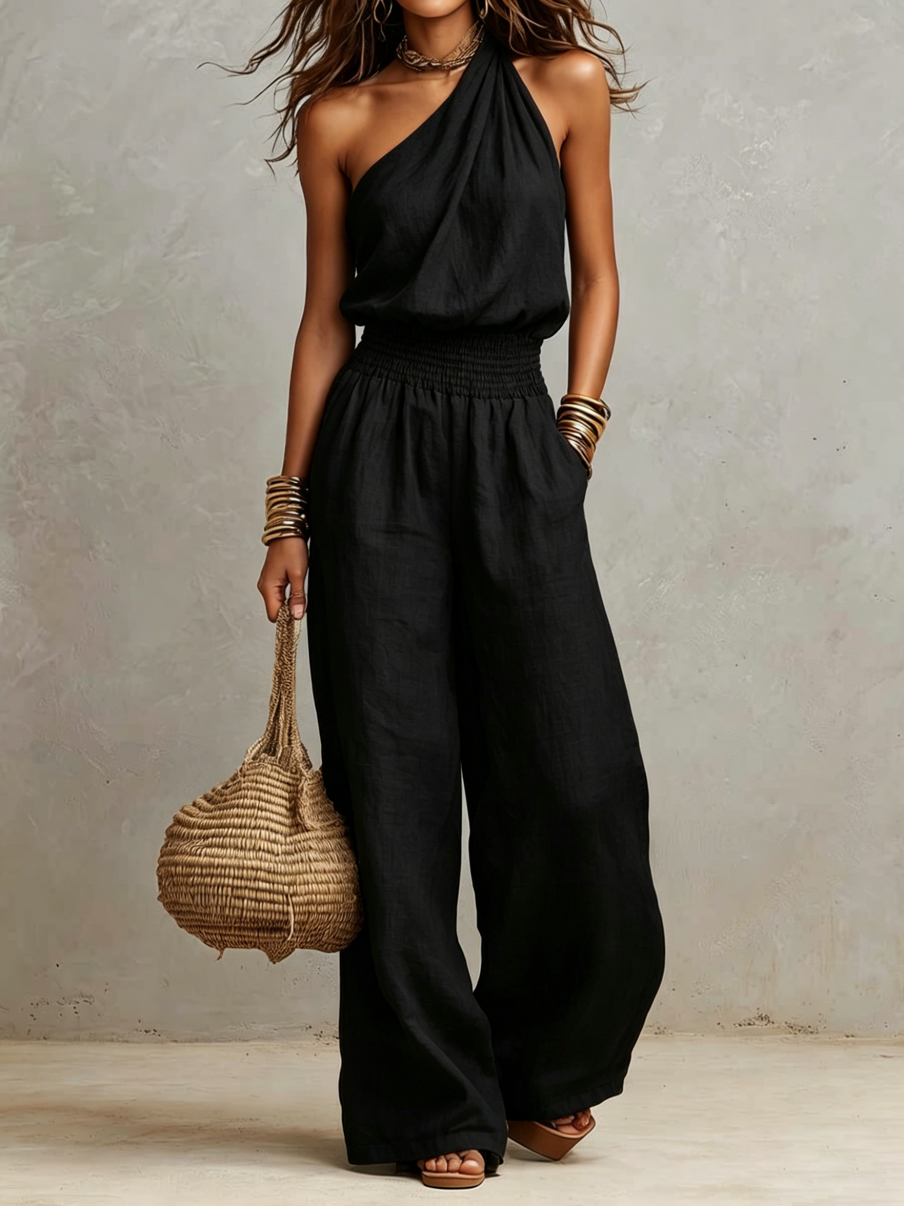 Chic Draped Halter Smocked Waist Wide Leg Jumpsuit