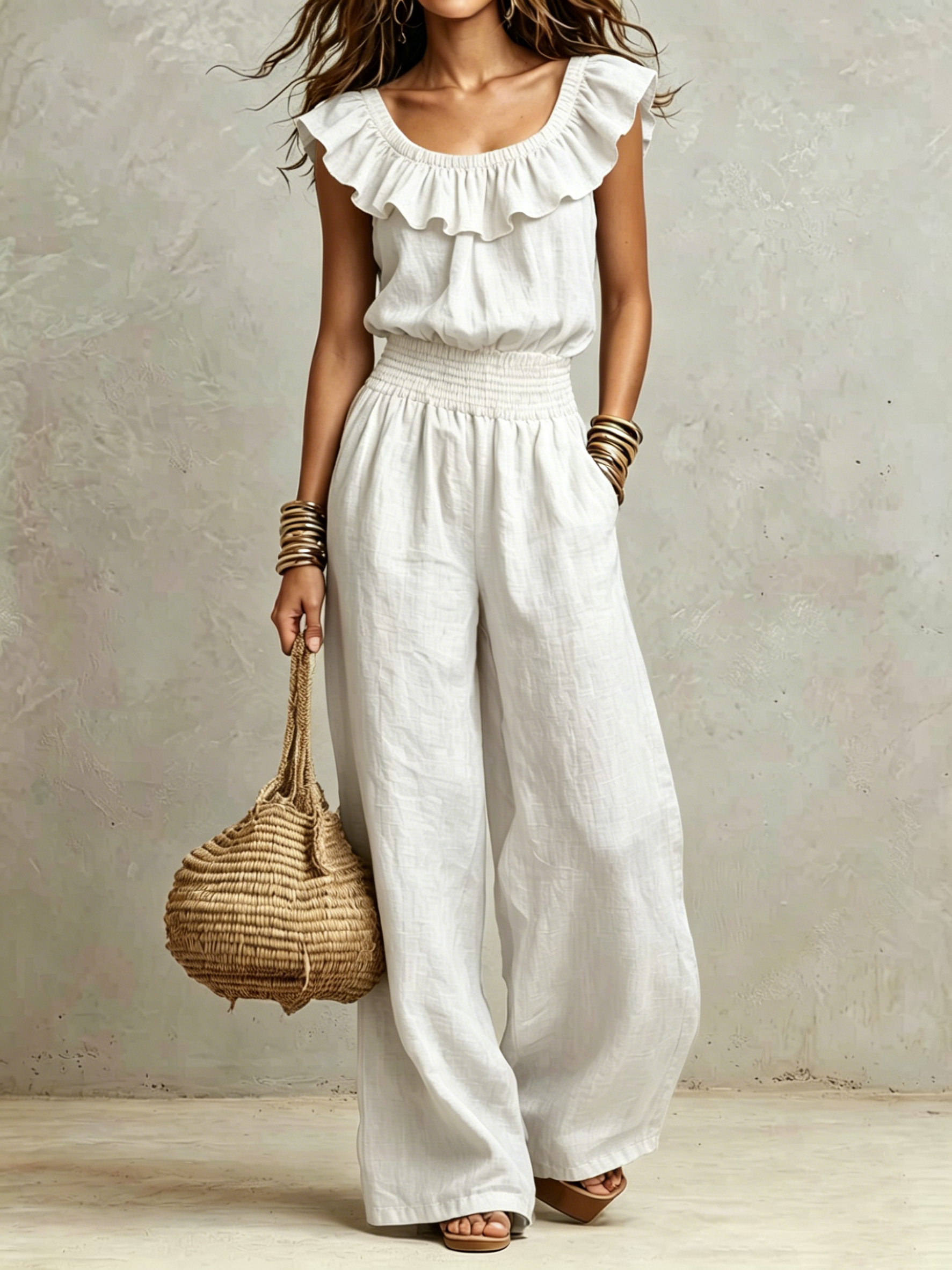 Ruffled Neck Smocked Waist Wide-Leg Jumpsuit
