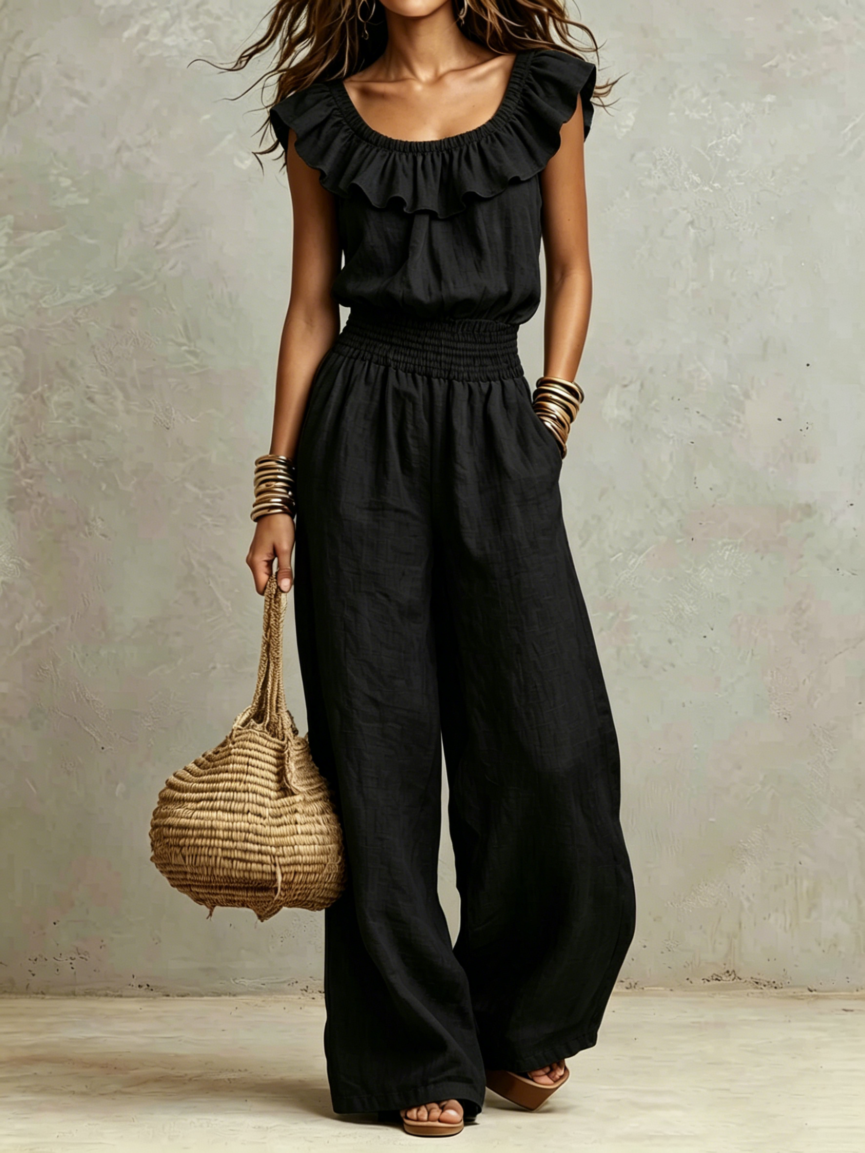Ruffled Neck Smocked Waist Wide-Leg Jumpsuit