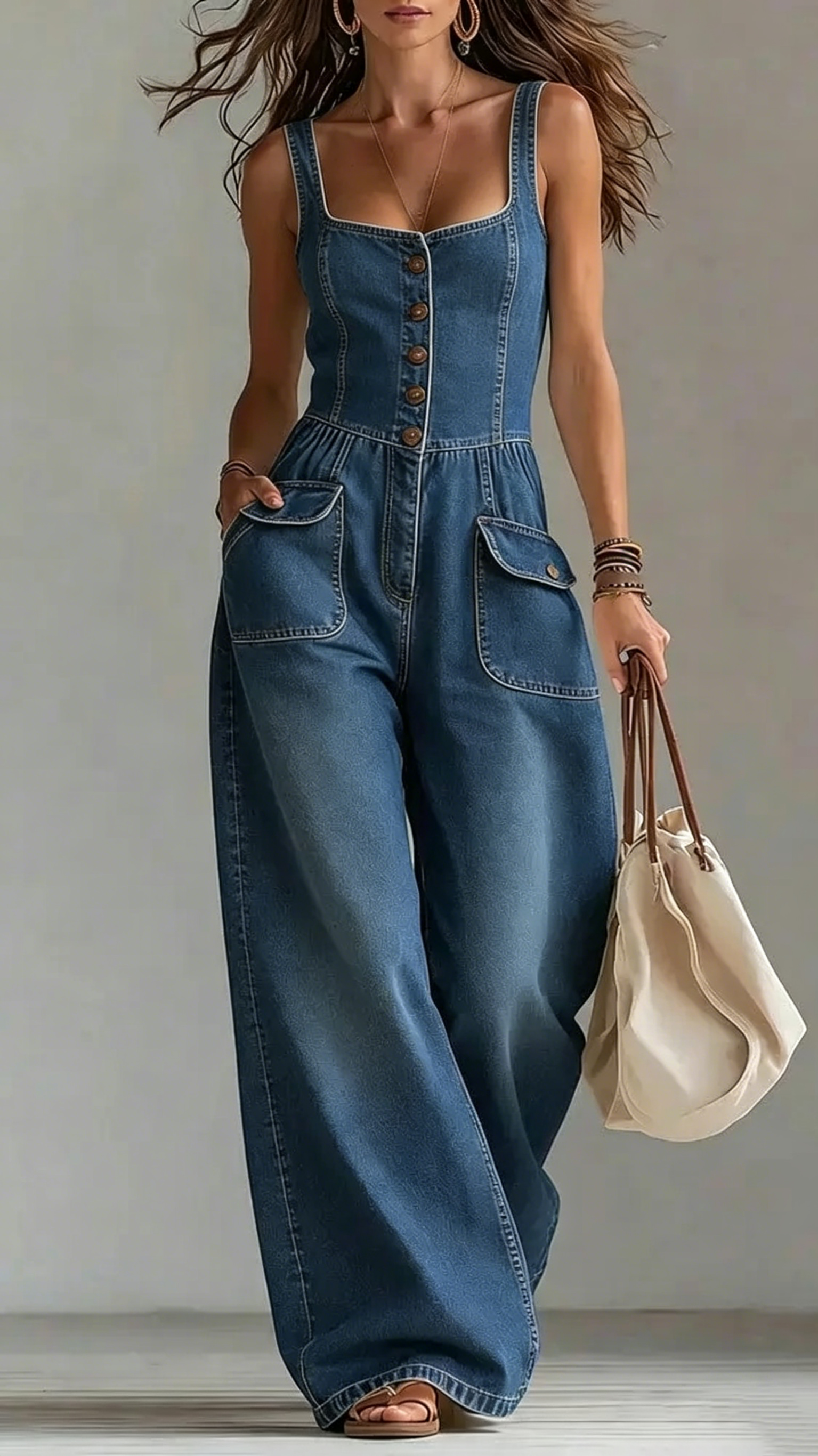 Square Neck Denim Jumpsuit