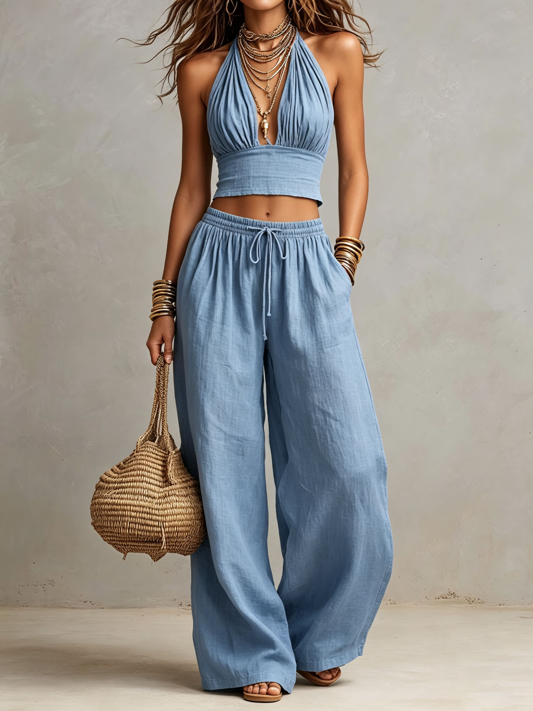 Halter Ruched Linen Two-Piece Wide Leg Set