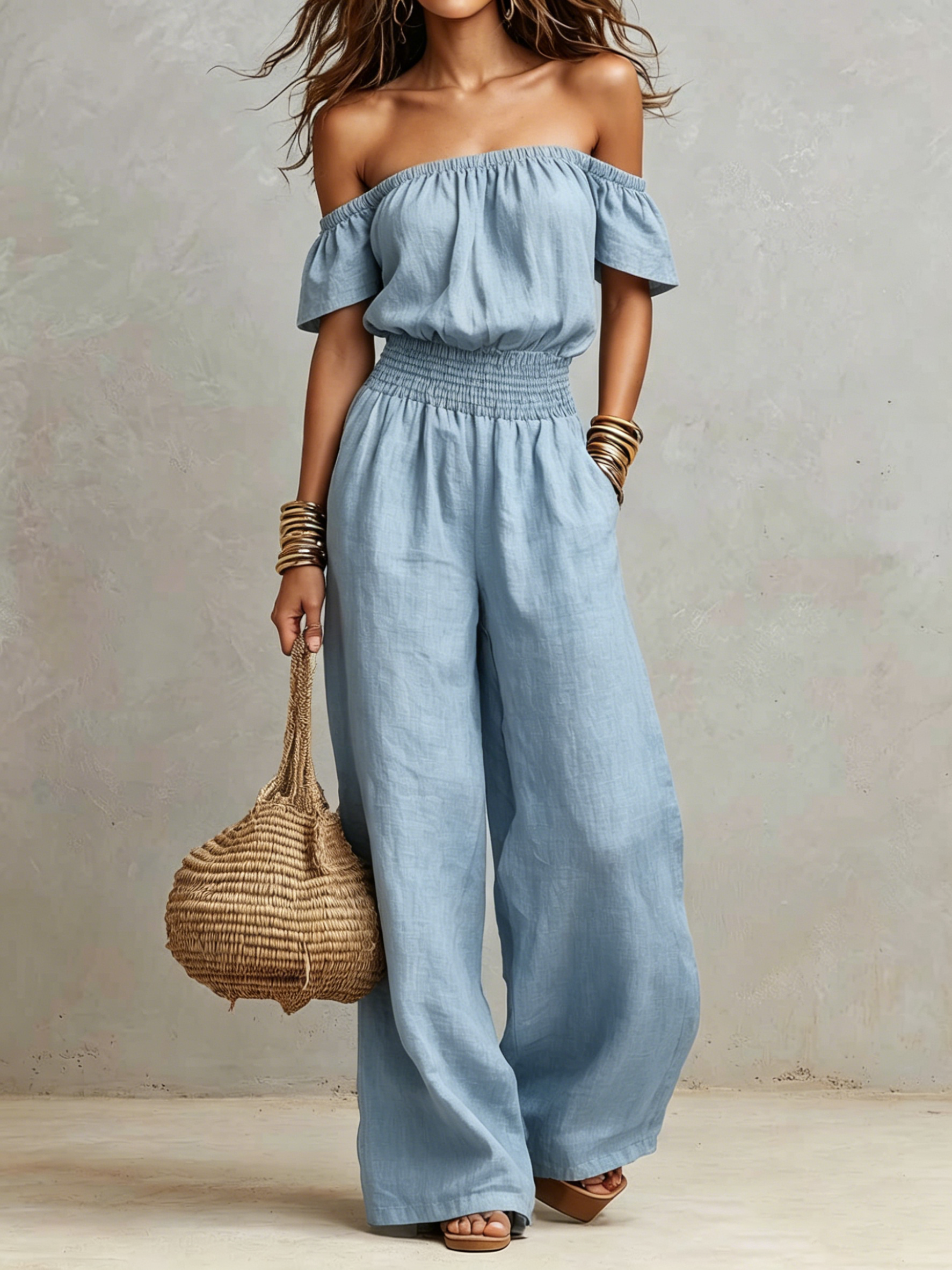 Linen-Look Off-Shoulder Smocked Waist Jumpsuit