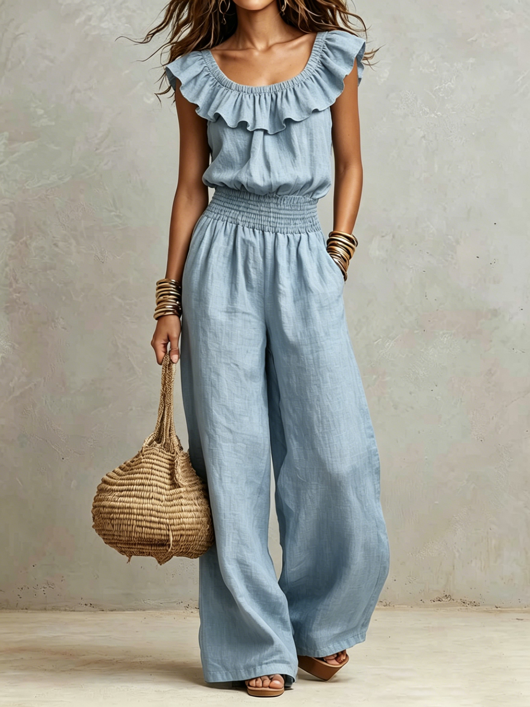 Ruffled Neck Smocked Waist Wide-Leg Jumpsuit