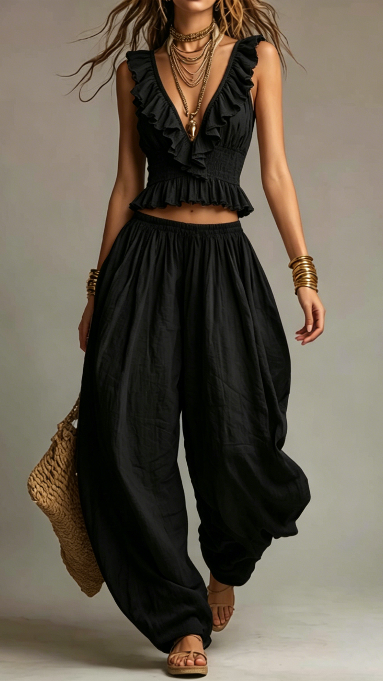 Chic Ruffle Trim V-Neck Smocked Crop Top & Elastic Waist Harem Wide Leg Pants Two Piece Matching Set