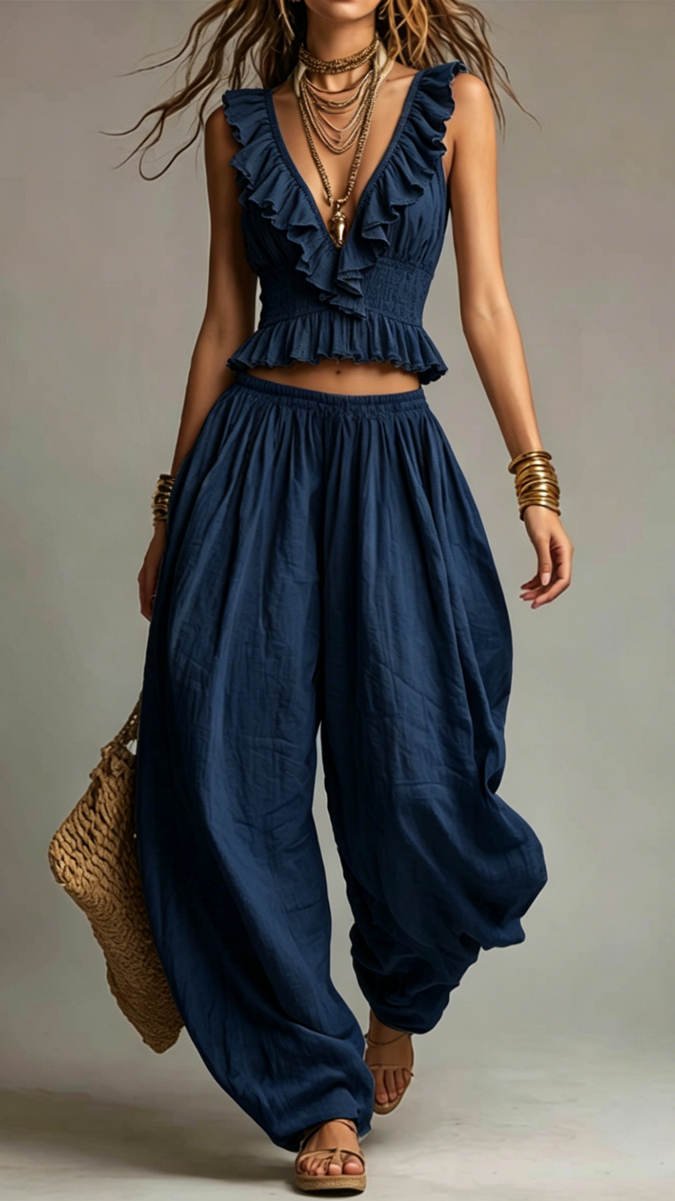 Chic Ruffle Trim V-Neck Smocked Crop Top & Elastic Waist Harem Wide Leg Pants Two Piece Matching Set