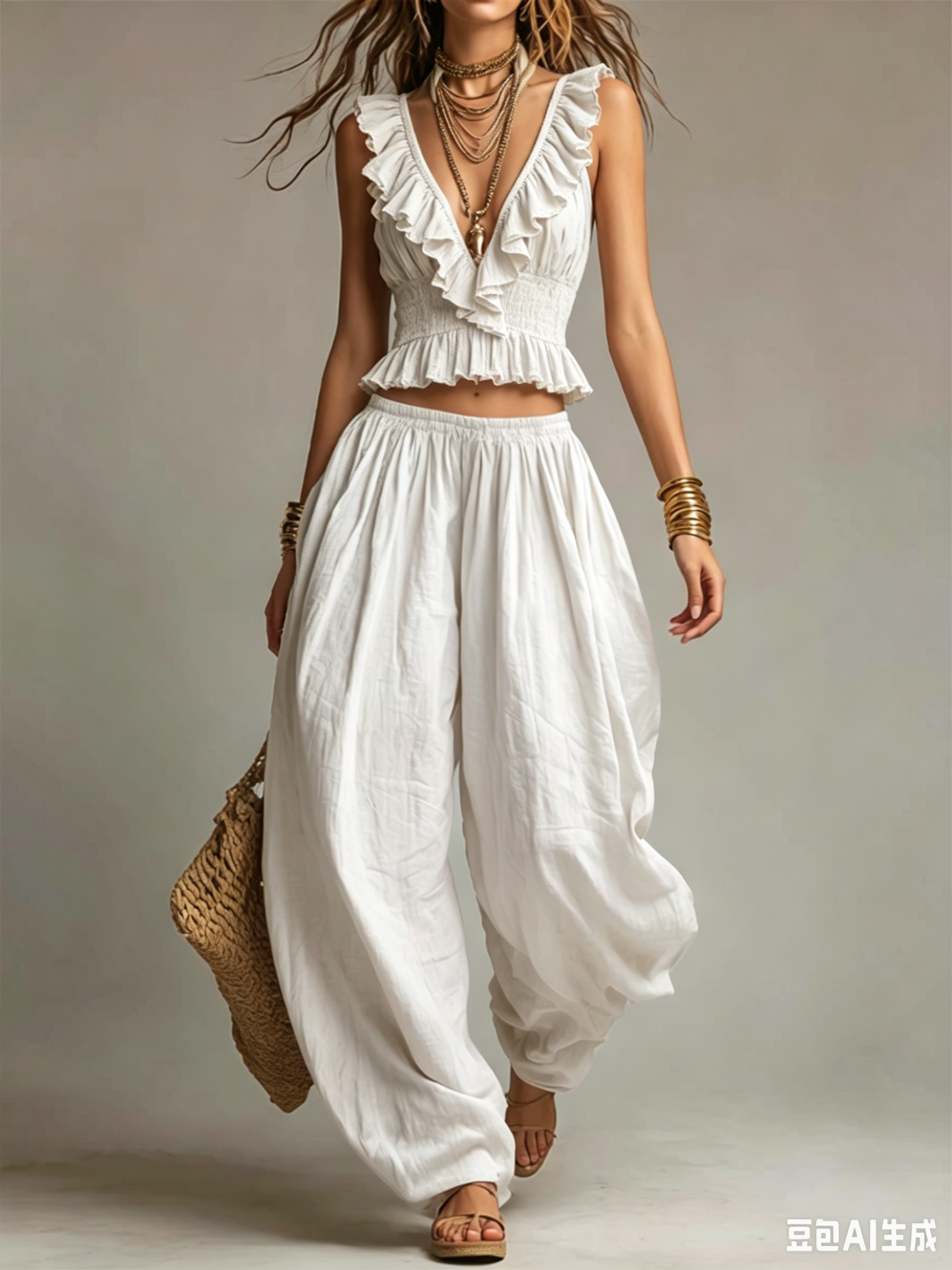 Chic Ruffle Trim V-Neck Smocked Crop Top & Elastic Waist Harem Wide Leg Pants Two Piece Matching Set