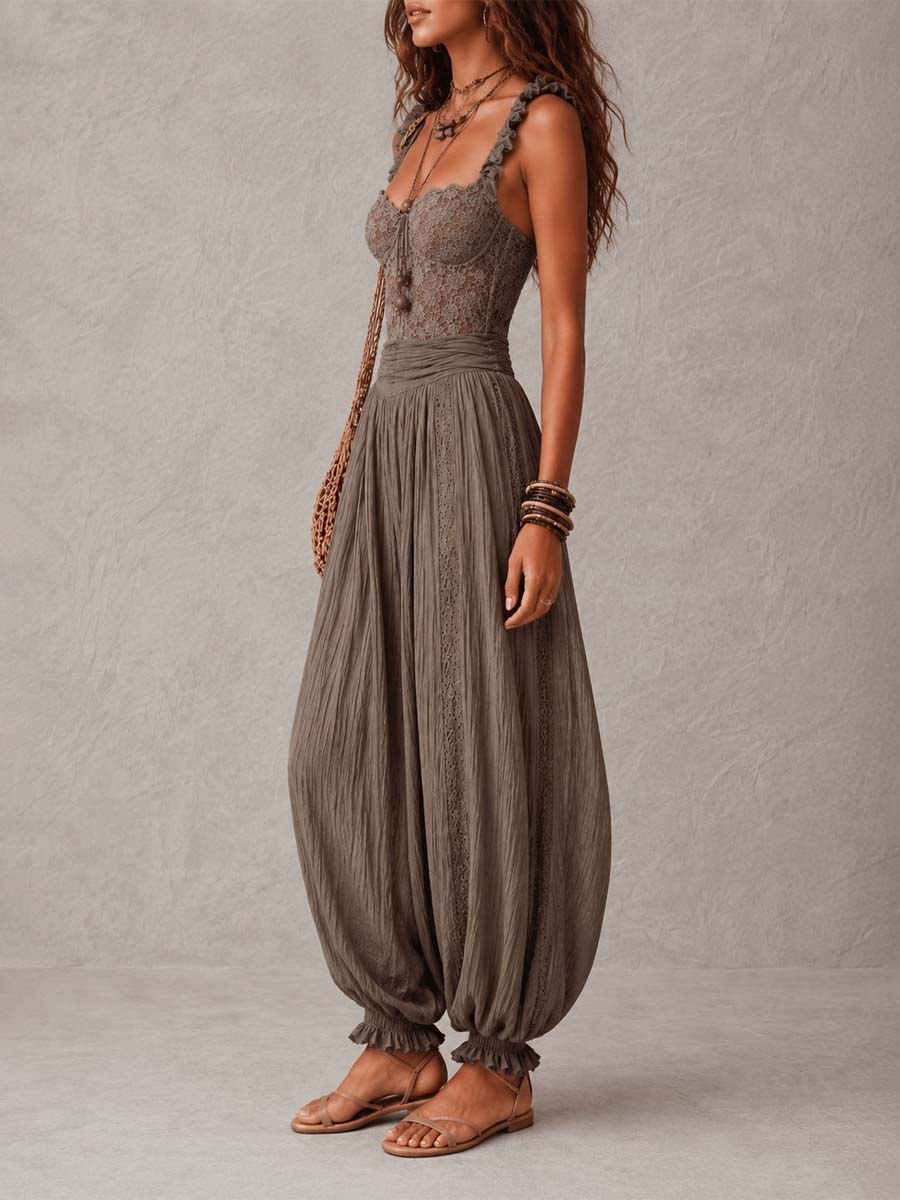 Bohemian Taupe Lace Bustier And Crinkle Cotton Harem Pants Set Jumpsuit