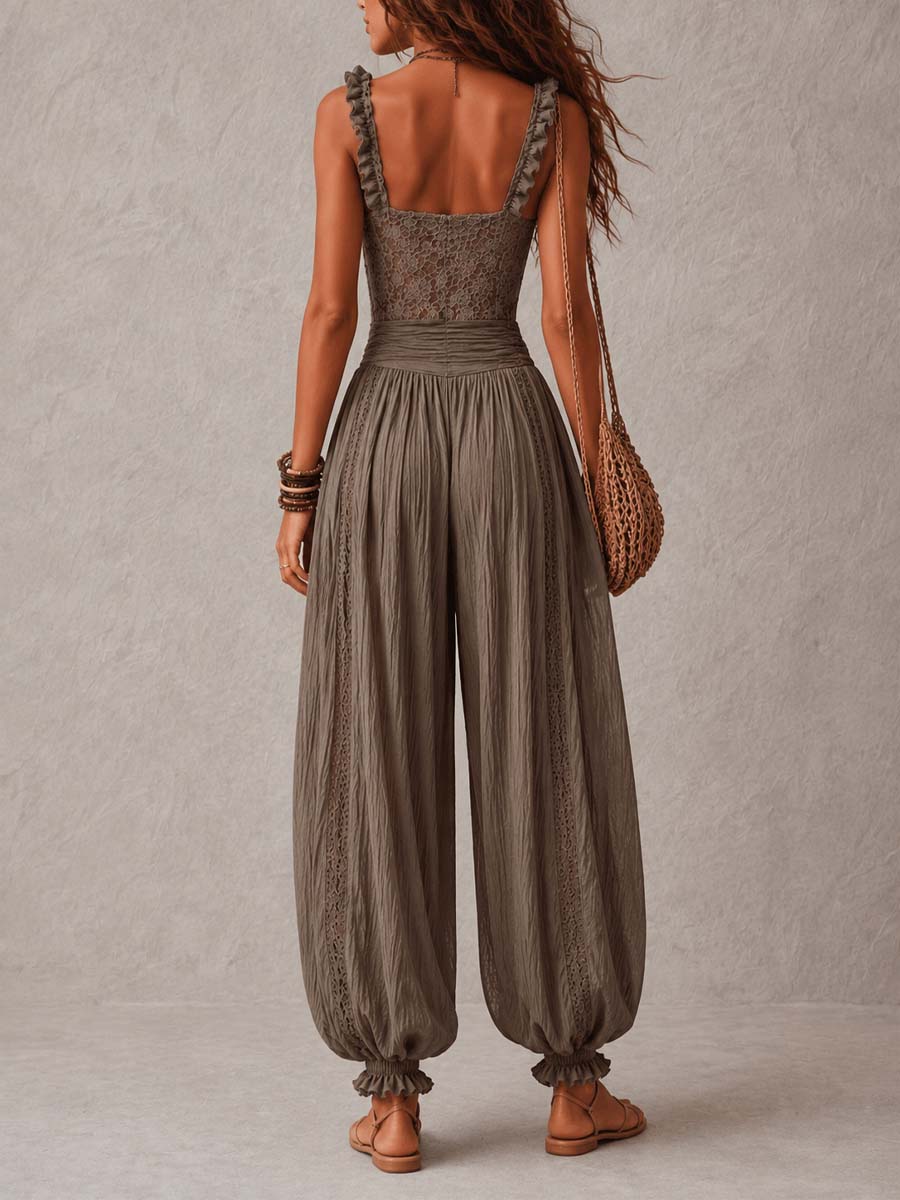 Bohemian Taupe Lace Bustier And Crinkle Cotton Harem Pants Set Jumpsuit