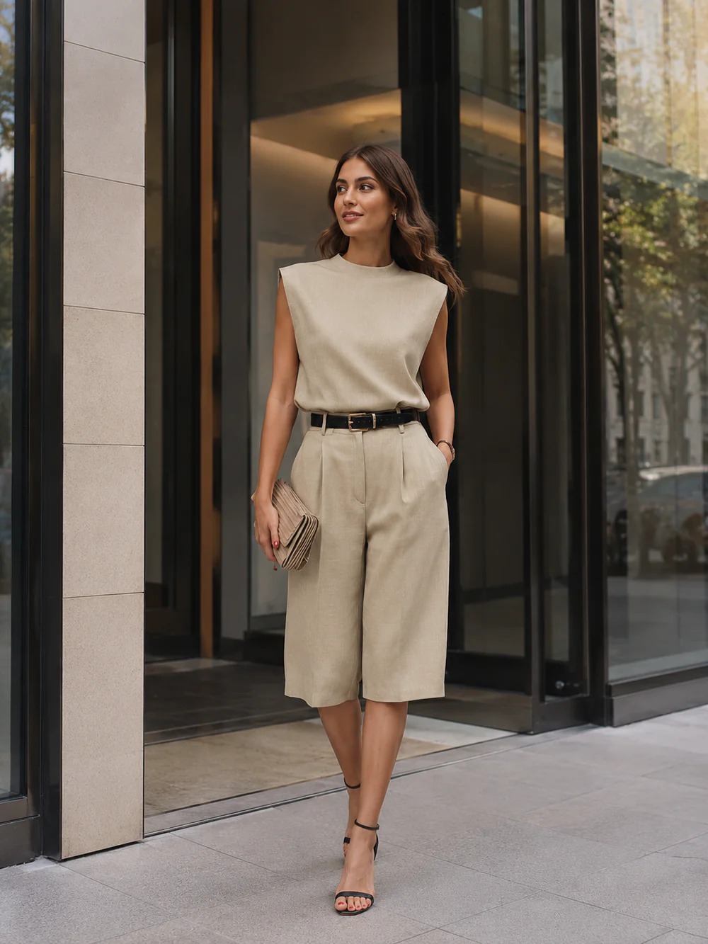 Minimalist Sleeveless Top And Slim-Fit Bermuda Shorts Set (Belt Not Included)