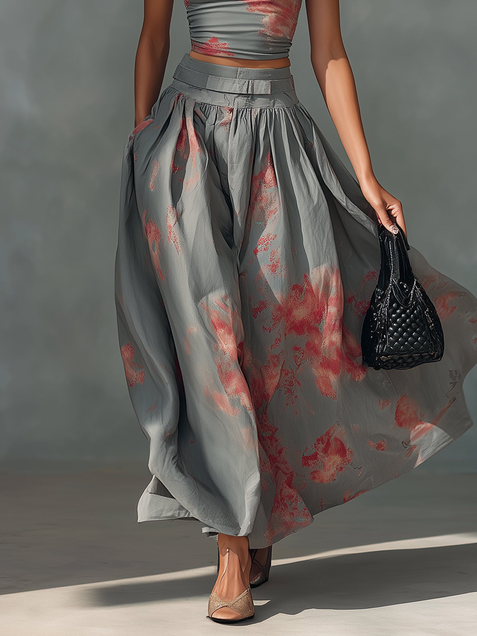 Gray Patterned Stretch Top and Cotton Skirt Set