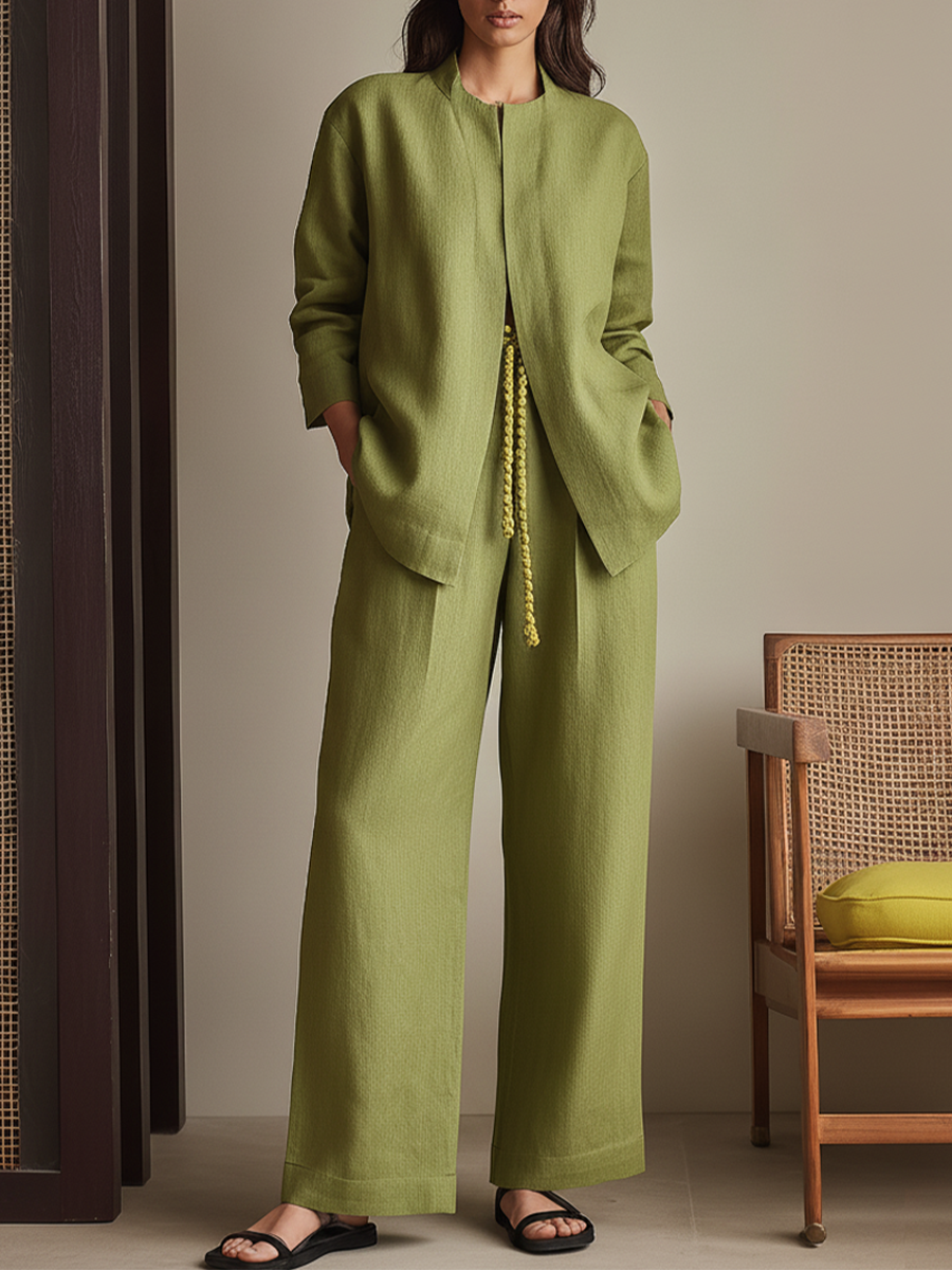 Women's Olive Green Linen-Blend Two-Piece Set With Open Front Stand Collar Jacket & Drawstring Waist Wide Leg Pants, Minimalist Casual Loungewear Outfit (without Belt)