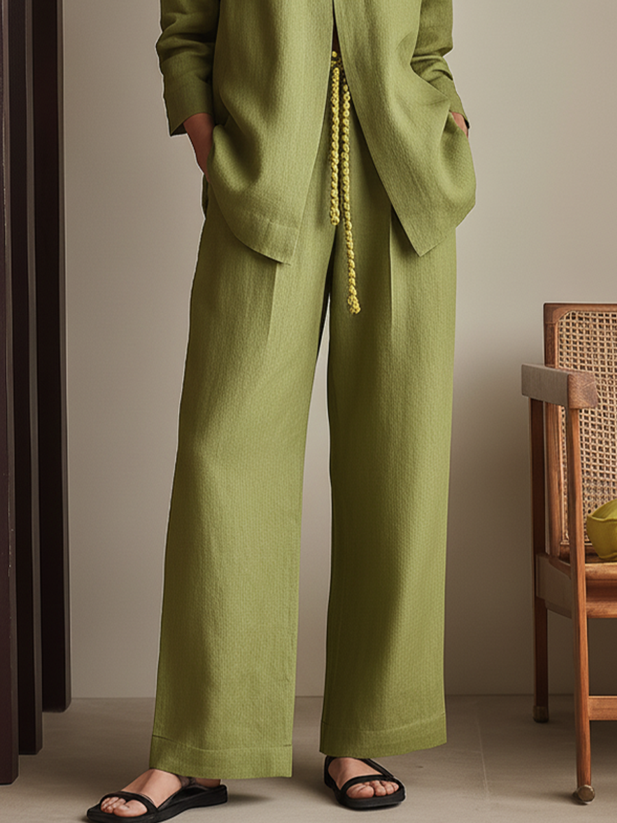 Women's Olive Green Linen-Blend Two-Piece Set With Open Front Stand Collar Jacket & Drawstring Waist Wide Leg Pants, Minimalist Casual Loungewear Outfit (without Belt)