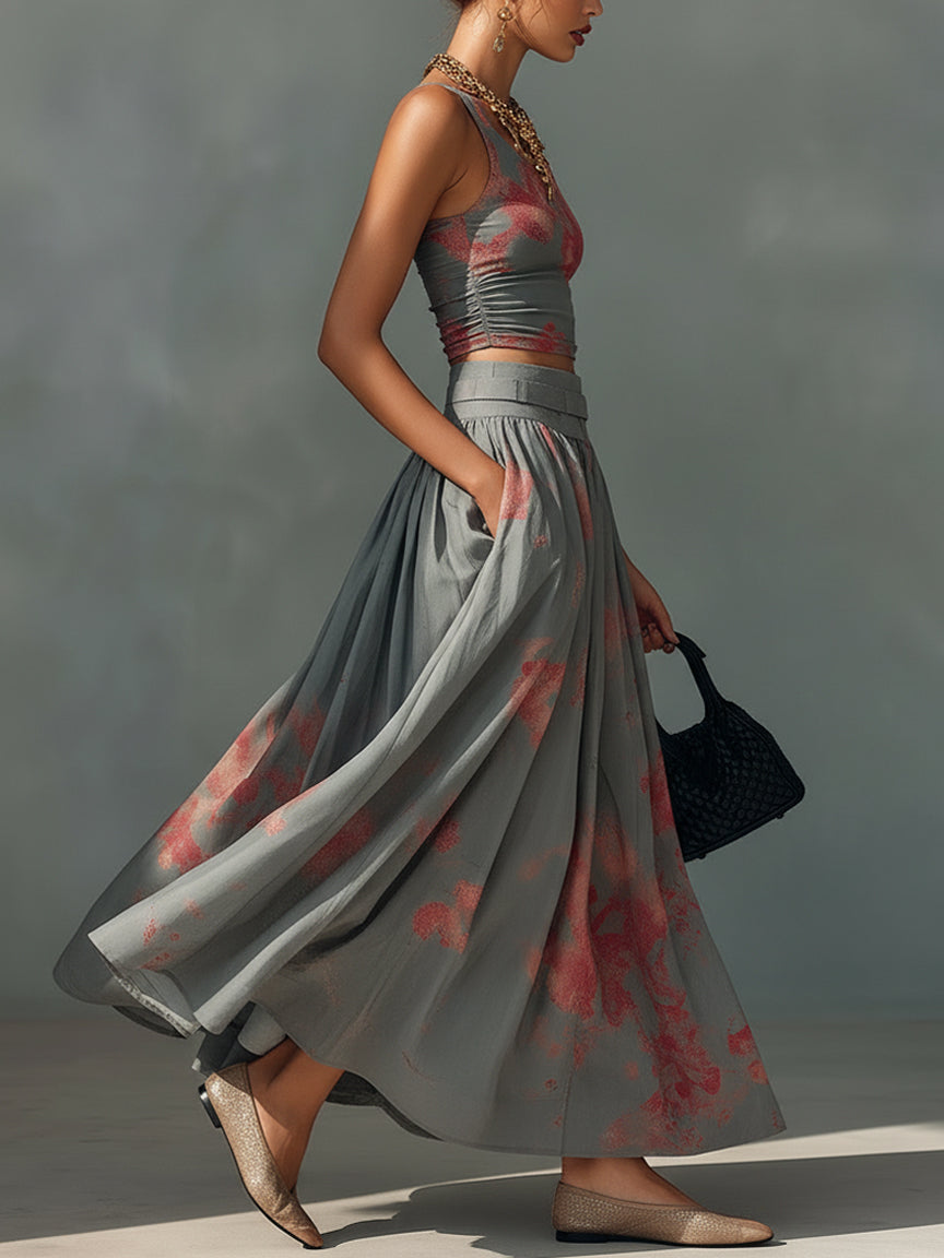 Gray Patterned Stretch Top and Cotton Skirt Set