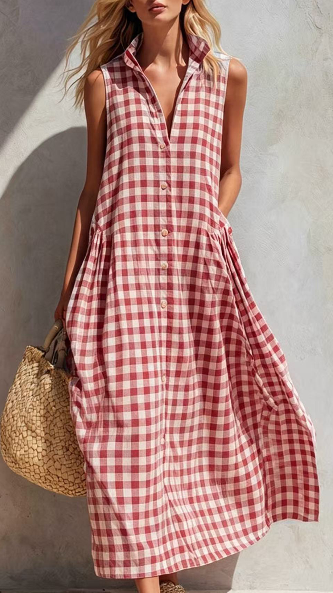 Women's Cotton-Blend Blue and White Gingham Sleeveless Shirt Maxi Dress