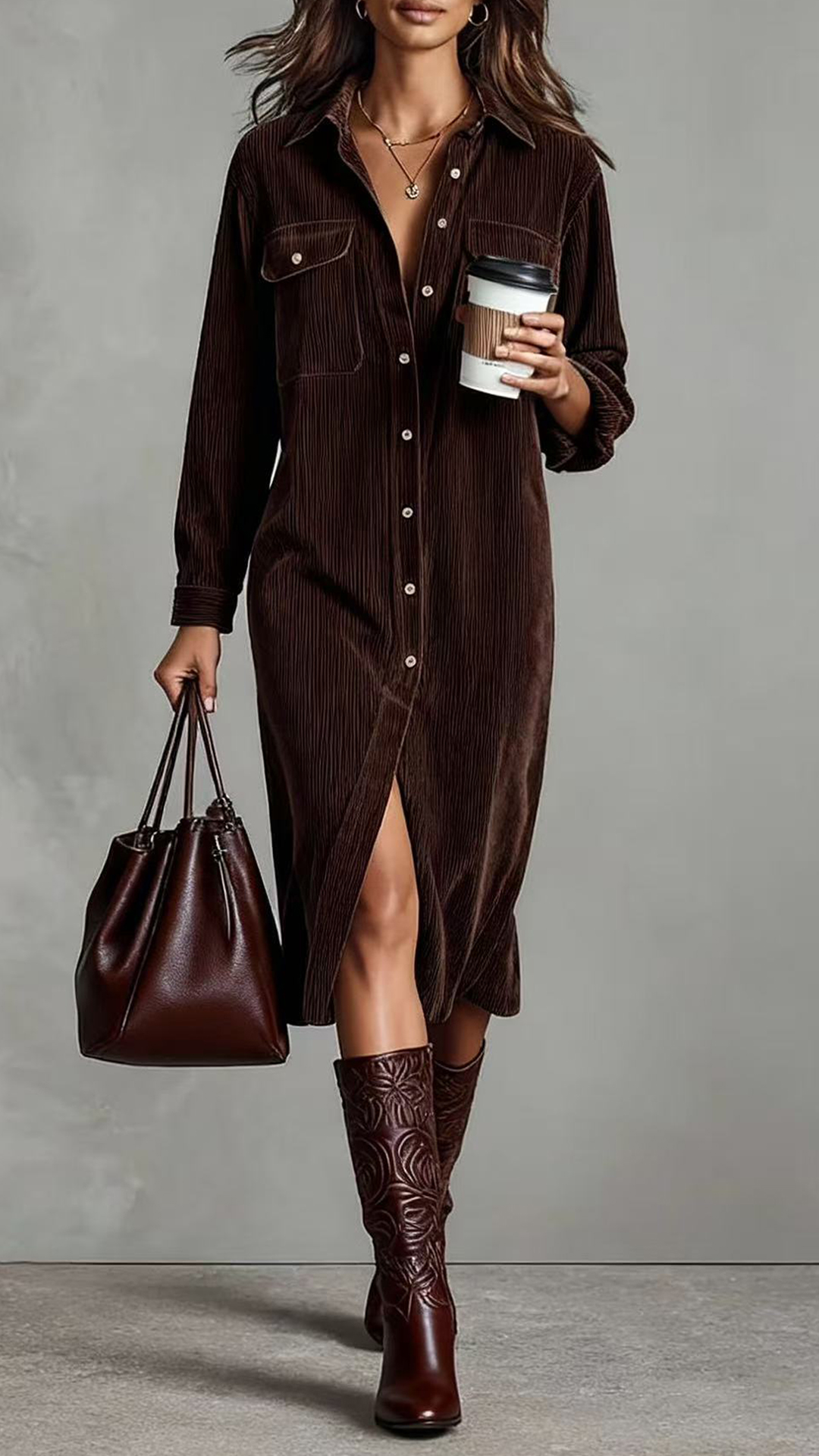 Women's Solid color corduroy long sleeved lapel shirt loose long skirt