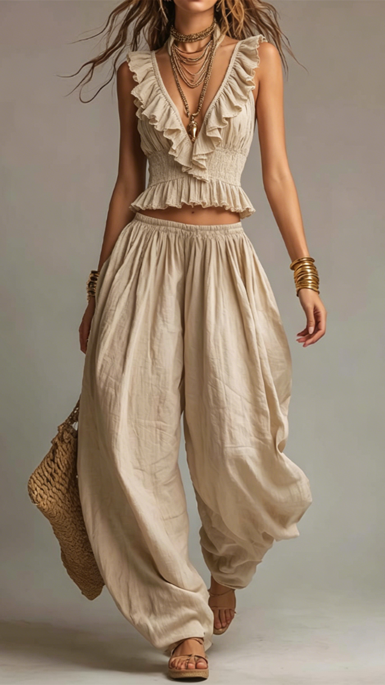 Chic Ruffle Trim V-Neck Smocked Crop Top & Elastic Waist Harem Wide Leg Pants Two Piece Matching Set