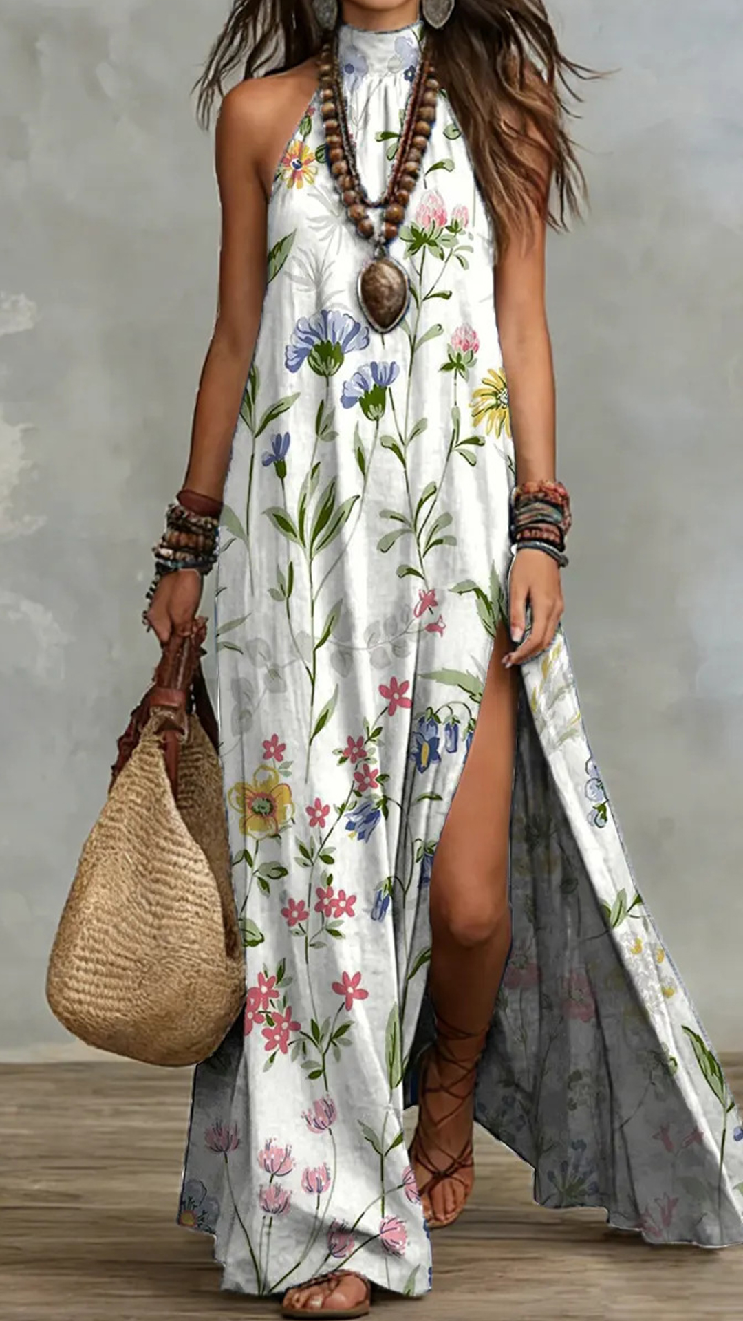 Women's Cotton-Blend Printed Halter Slit Maxi Dress